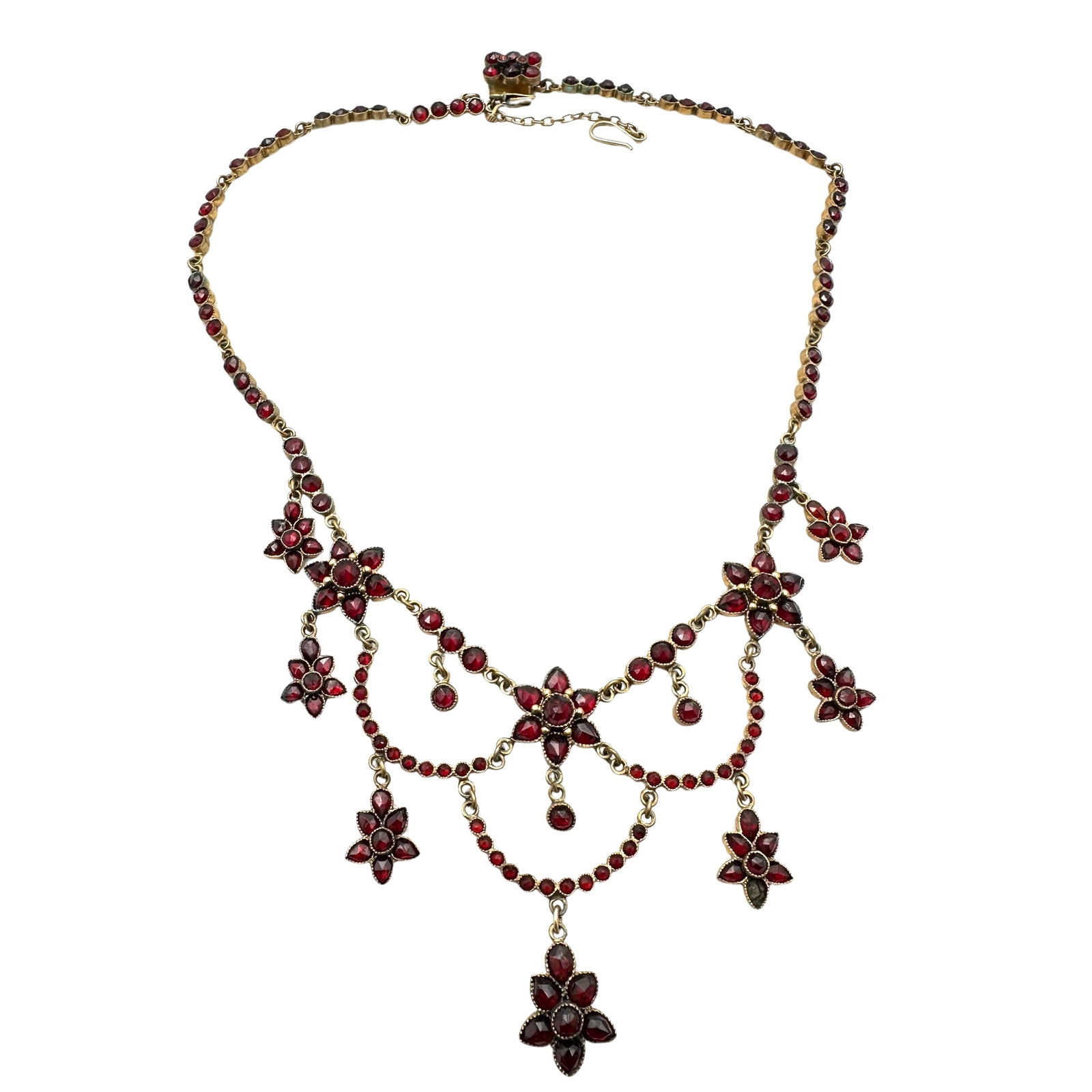 Antique Bohemian Red Garnet Gold Gilt Festoon Necklace 15 Inch Wearable Length All Stones Present: Antique Bohemian Red Garnet Gold Gilt Festoon Necklace 15 Inch Wearable Length All Stones Present