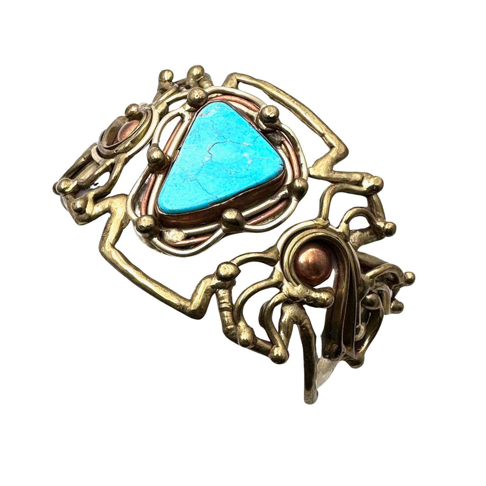 Vintage Artisan Turquoise Copper Silver Tone Brass Mixed Metal Large Cuff Bracelet Adjustable Size (1 of 2)