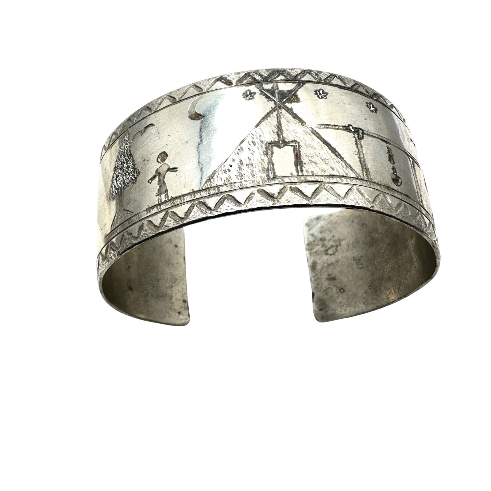Vintage Native American Etched Tee Pee Design Sterling Silver Cuff Bracelet 35 Grams 7 Inch (1 of 3)