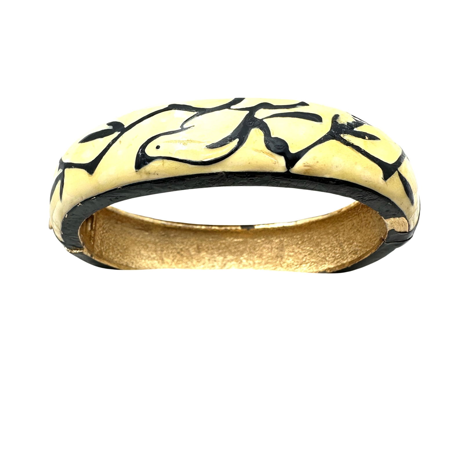 Vintage Rare Unsigned Eisenberg Black Cream Enamel Bird Design Gold Tone Hinged Bracelet 6.5 Inch: Vintage Rare Unsigned Eisenberg Black Cream Enamel Bird Design Gold Tone Hinged Bracelet 6.5 Inch
