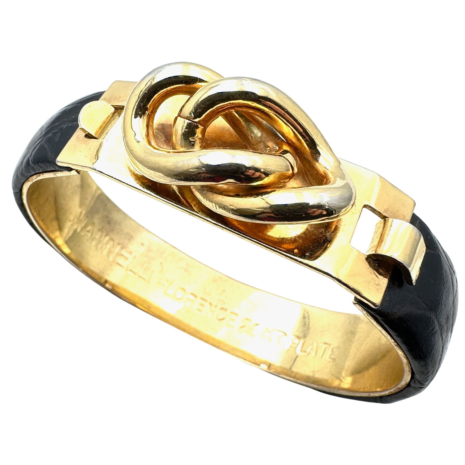 Vintage Italian Mannelli 24K Gold Plated Black Leather Hinged Bangle Bracelet 7 Inch (1 of 2)