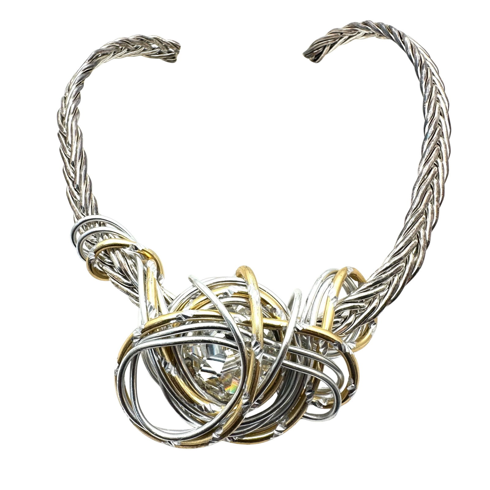 Artisan Clear Crystal Mixed Metal Gold Silver Tone Torque Statement Necklace: Artisan Clear Crystal Mixed Metal Gold Silver Tone Torque Statement Necklace