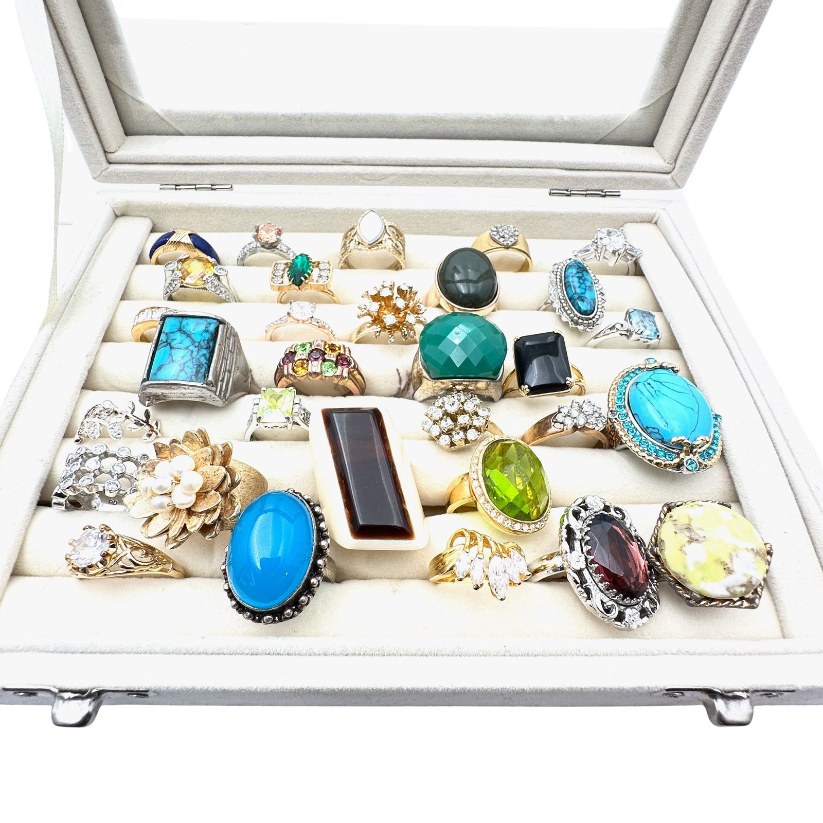 Vintage Group Costume Rings Silver And Gold Tone Faux Gemstones Crystals Variety of Sizes Box For (1 of 2)