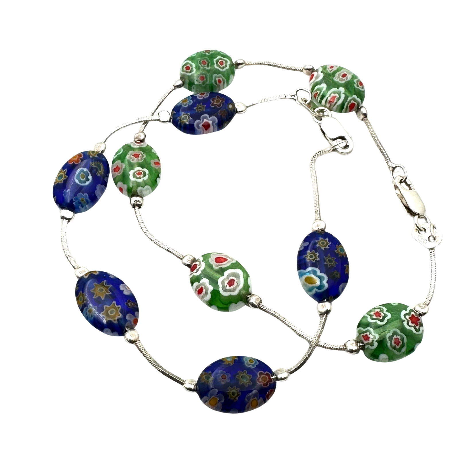 Jewelry Group of Two Sterling Silver Italian Murano Glass Bead Bracelets 7.5 Inch Length: Jewelry Group of Two Sterling Silver Italian Murano Glass Bead Bracelets 7.5 Inch Length