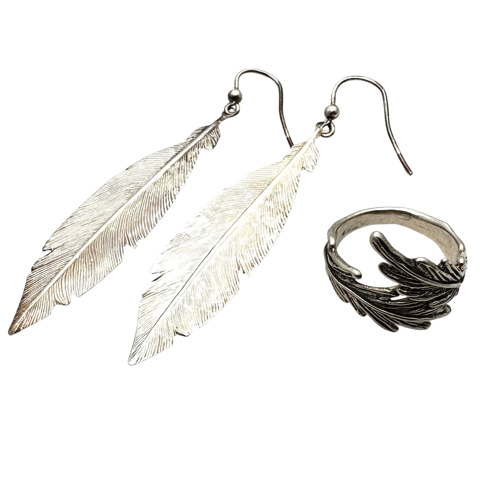 Jewelry Group Sterling Silver Feather Chandelier Pierced Earrings Adjustable Ring Set At Size 9 (1 of 2)