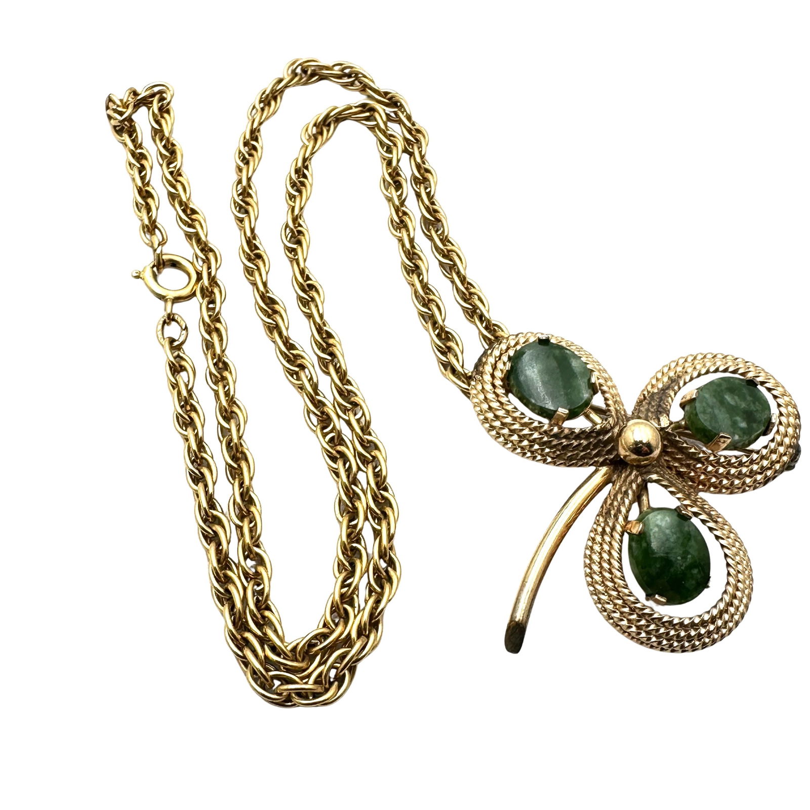 Vintage Gold Filled Green Jade Clover Pin Pendant 18 Inch Heavy Chain: Vintage Gold Filled Green Jade Clover Pin Pendant 18 Inch Heavy Chain