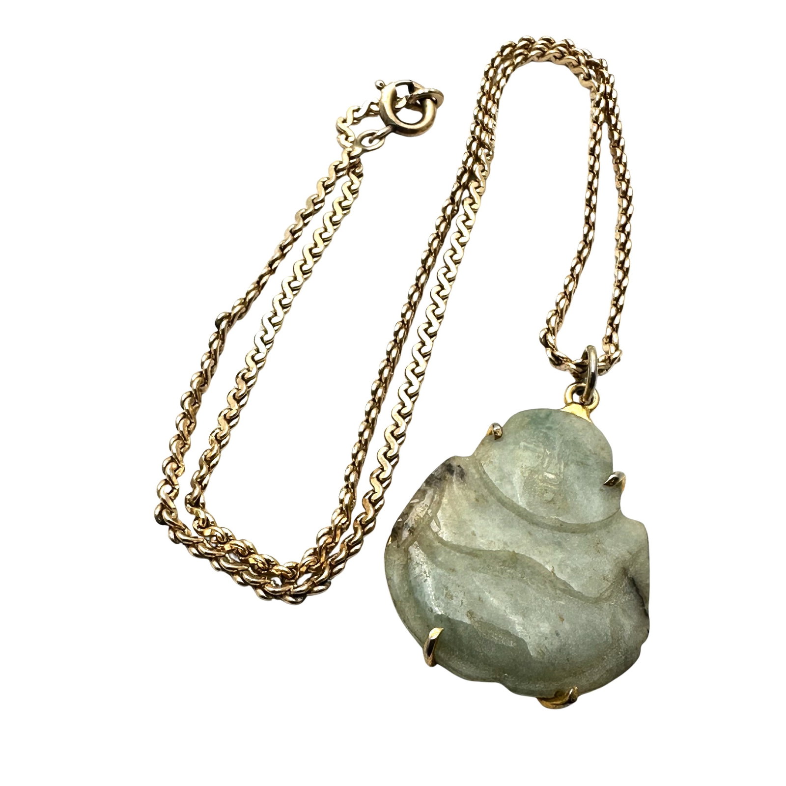 Vintage Green Jade Buddha Pendant 16 Inch Gold Filled Chain Necklace: Vintage Green Jade Buddha Pendant 16 Inch Gold Filled Chain Necklace