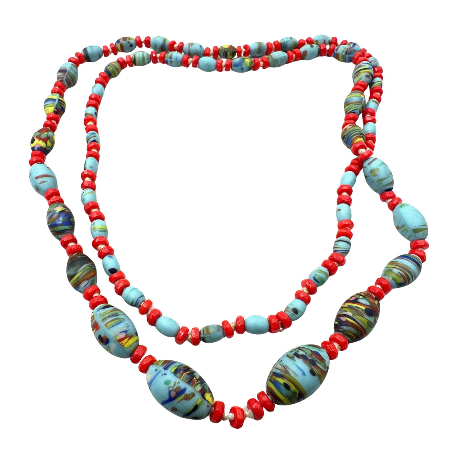 Vintage Italian Murano Glass Bead Necklace Blue Red Yellow 30 Inch Length: Vintage Italian Murano Glass Bead Necklace Blue Red Yellow 30 Inch Length