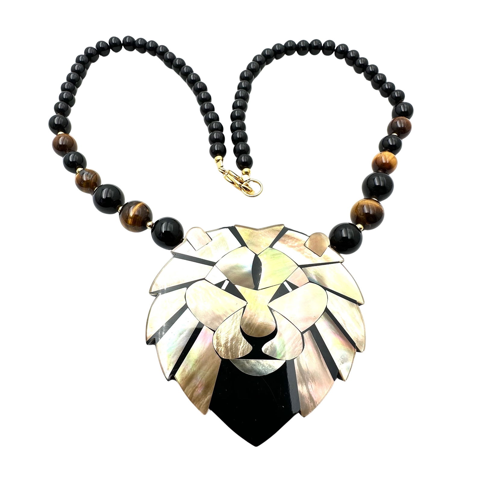 Vintage Lee Sands Inlay Gemstone Lion Pendant Tiger Eye Bead Necklace 18 Inch Wearable Length (1 of 2)