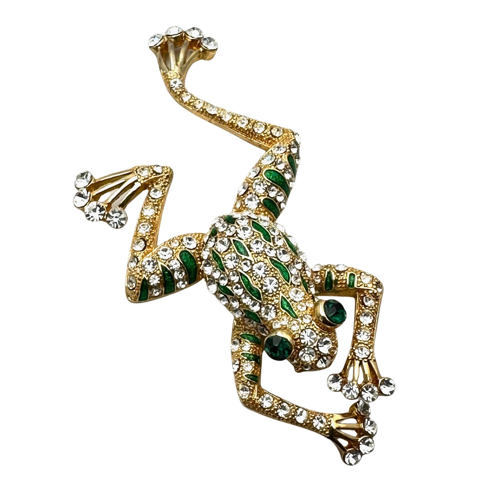 Large 4 Inch Clear Crystal Green Enamel Frog Gold Tone Brooch Pin: Large 4 Inch Clear Crystal Green Enamel Frog Gold Tone Brooch Pin