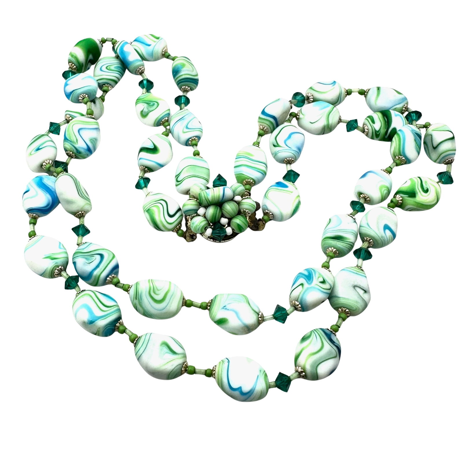 Vintage Double Strand Blue Green White Art Glass Bead Necklace 18 Inch: Vintage Double Strand Blue Green White Art Glass Bead Necklace 18 Inch