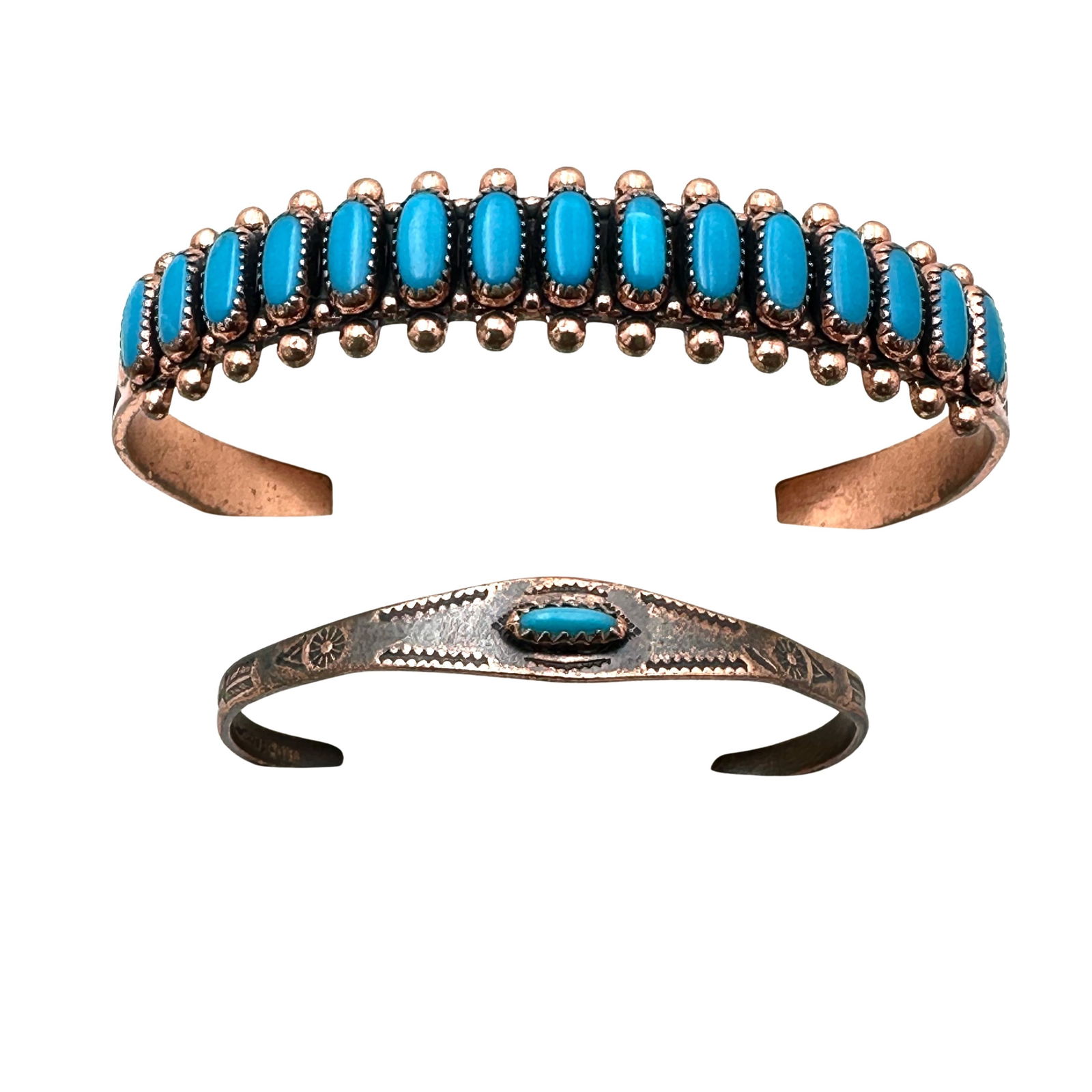 Vintage Group of Two Copper Turquoise Cuffs Larger 7 Inch Adjustable Smaller Child Baby Size (1 of 2)