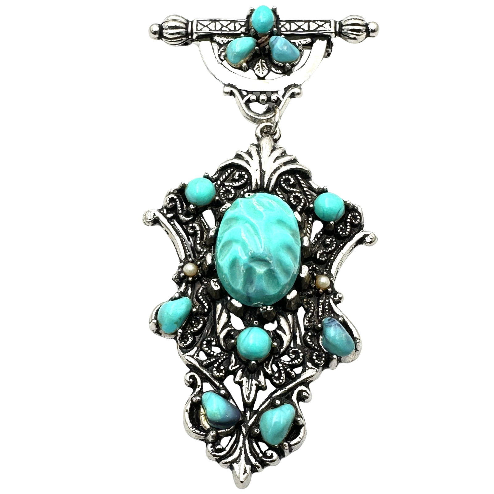 Vintage Faux Turquoise Lucite Silver Tone Statement Brooch Pin 4.5 Inch Length: Vintage Faux Turquoise Lucite Silver Tone Statement Brooch Pin 4.5 Inch Length