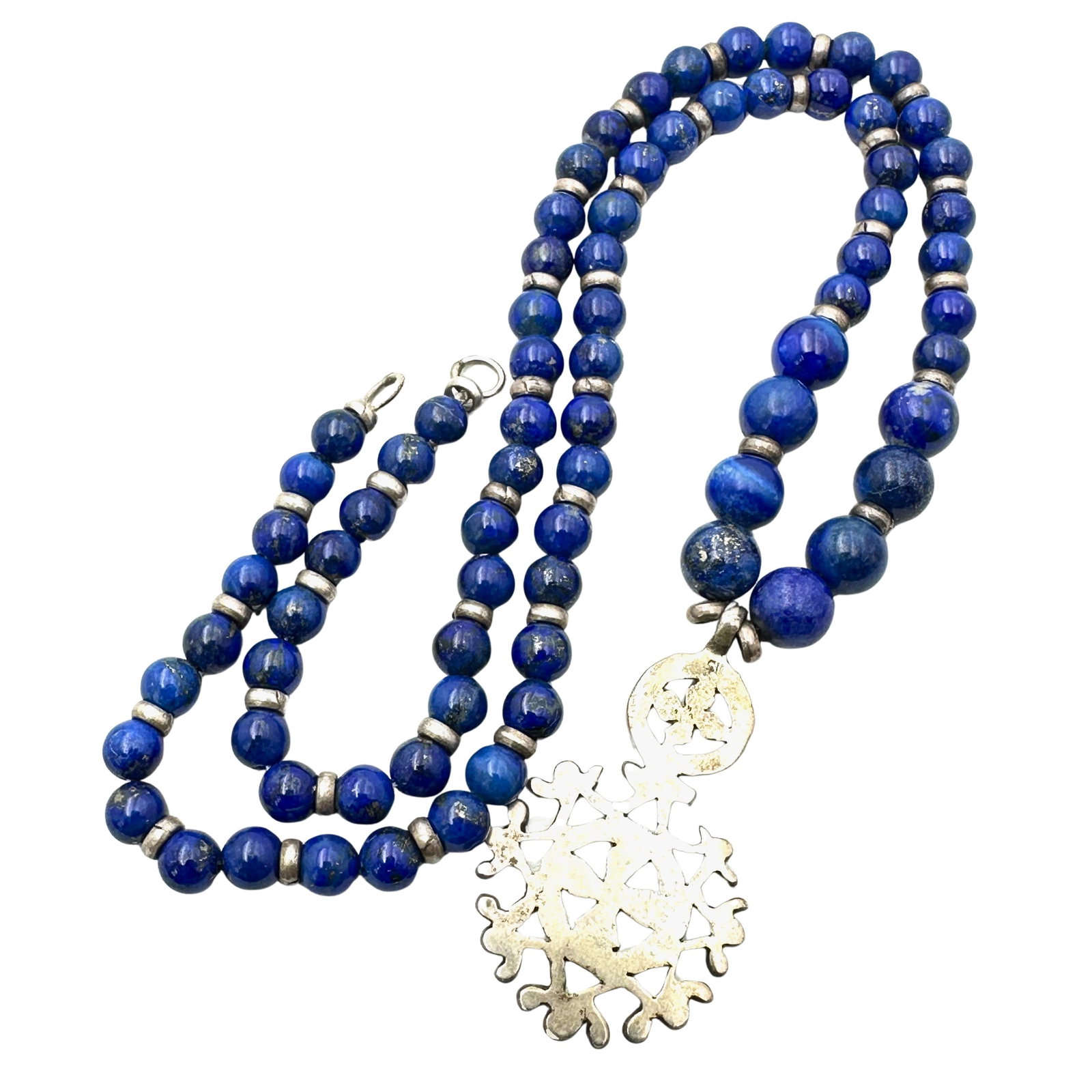Vintage Ethnic Blue Lapis Lazuli Bead Sterling Silver Pendant Necklace 20 Inch 41 Grams: Vintage Ethnic Blue Lapis Lazuli Bead Sterling Silver Pendant Necklace 20 Inch 41 Grams