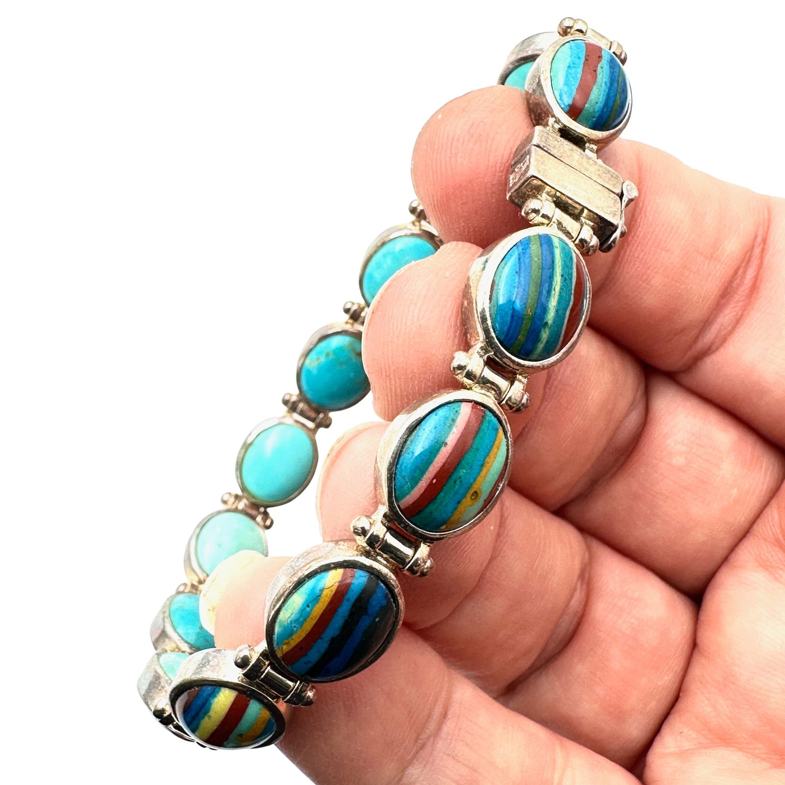 Jay King Mine Finds Reversible Sterling Silver Bracelet Rainbow Calsilica Turquoise 8 Inch 26 Grams (1 of 2)