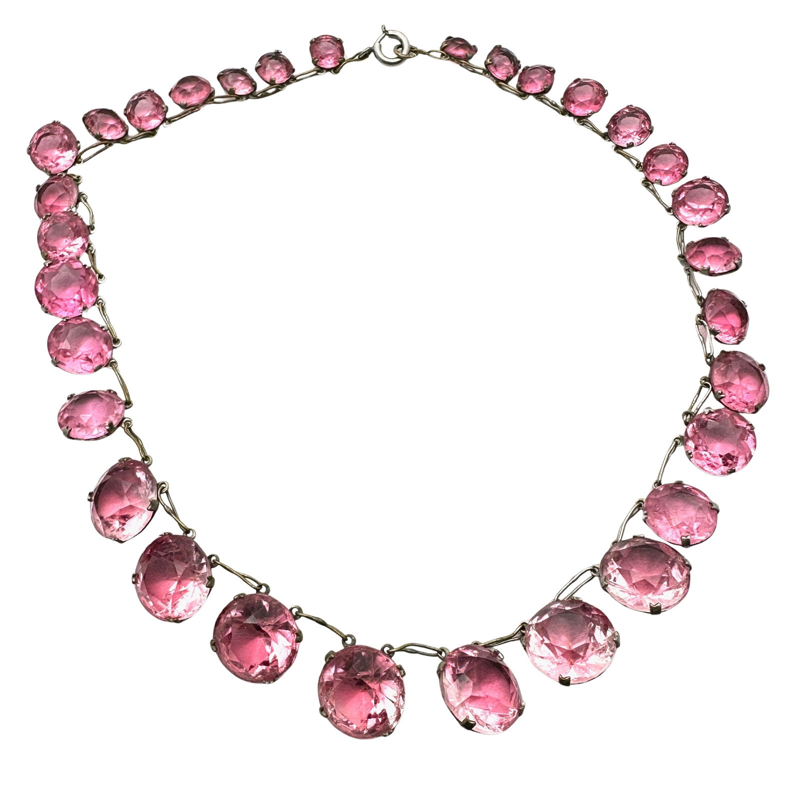 Antique Pink Bezel Set Glass Stones Silver Tone Necklace 15 Inch Vintage (1 of 2)