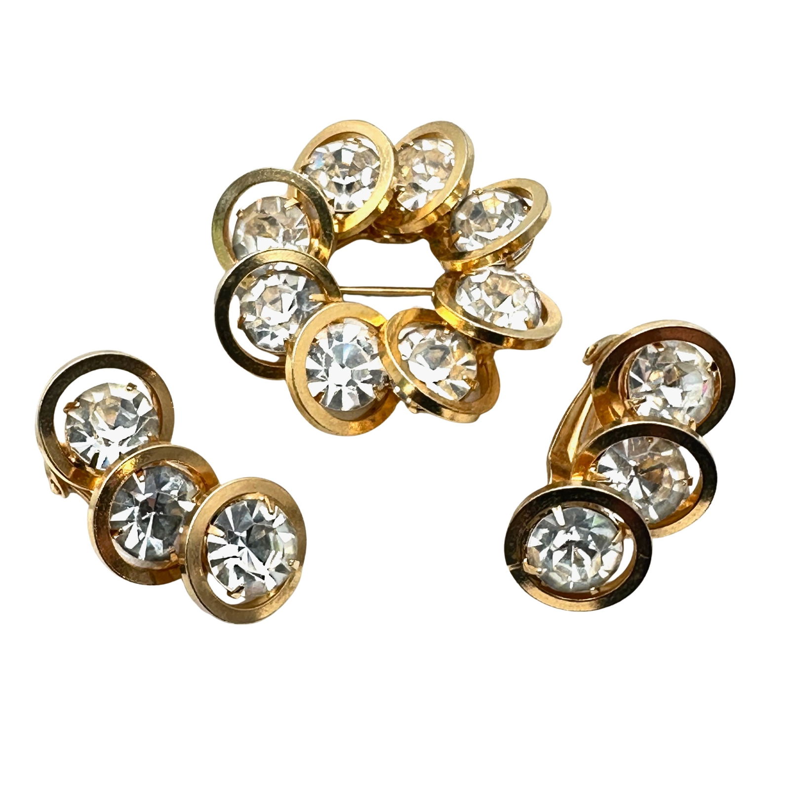 Vintage Judy Lee Clear Rhinestone Gold Tone Brooch Pin And Clip Earrings (1 of 2)