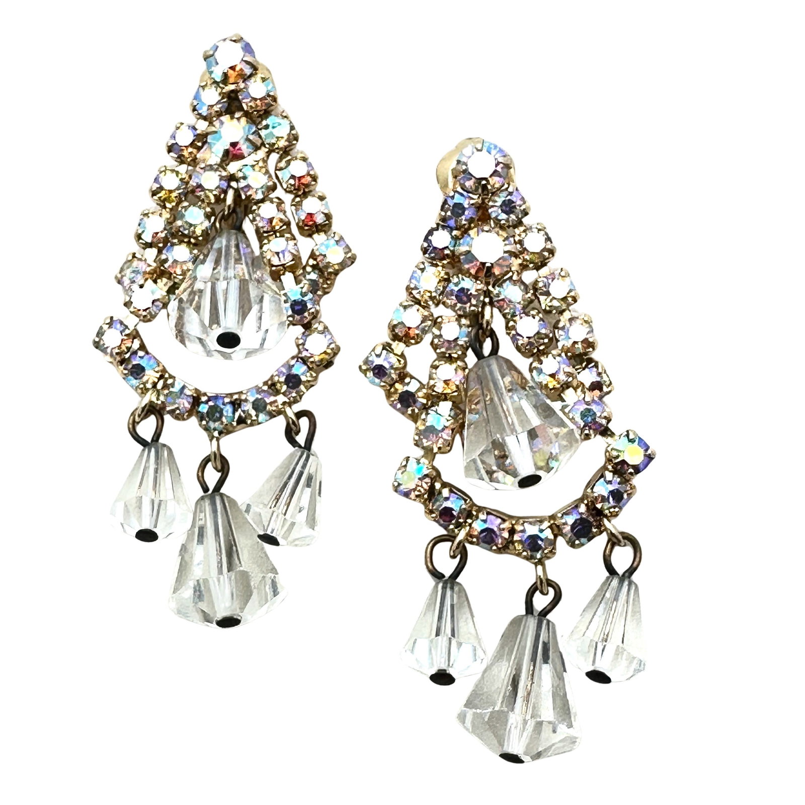 Vintage Two Inch Length Clear Crystal Aurora Borealis Rhinestone Gold Tone Clip Earrings: Vintage Two Inch Length Clear Crystal Aurora Borealis Rhinestone Gold Tone Clip Earrings