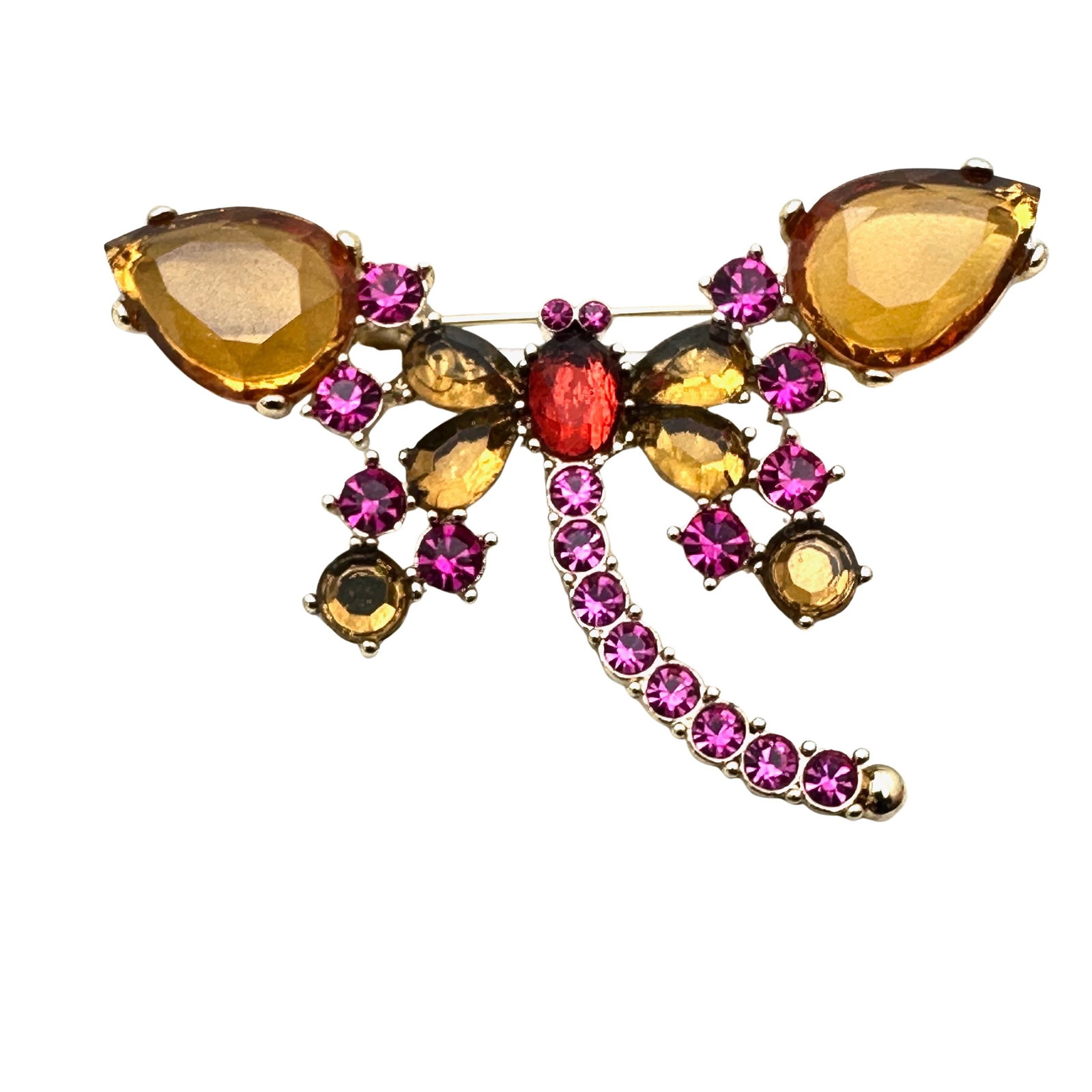 Pink Amber Rhinestone Gold Tone Brooch Pin Dragonfly Design: Pink Amber Rhinestone Gold Tone Brooch Pin Dragonfly Design