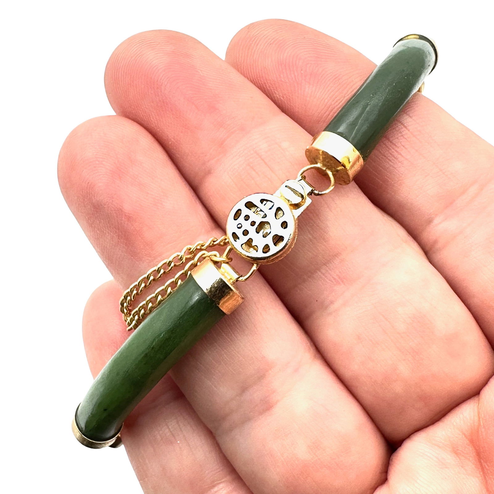 Vintage Green Gade Gold Plated Chinese Bracelet 7 Inch Length (1 of 2)