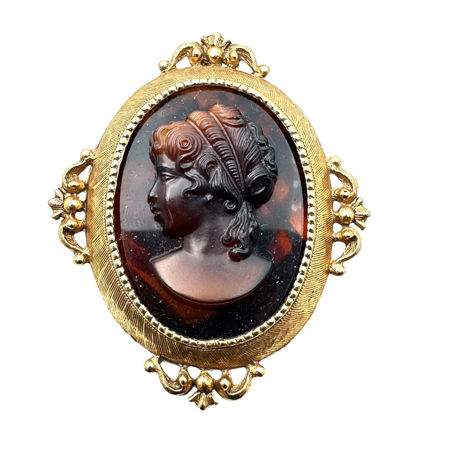 Vintage Florenza Brown Slag Glass Cameo Portrait Gold Tone Brooch Pin 2 Inch: Vintage Florenza Brown Slag Glass Cameo Portrait Gold Tone Brooch Pin 2 Inch