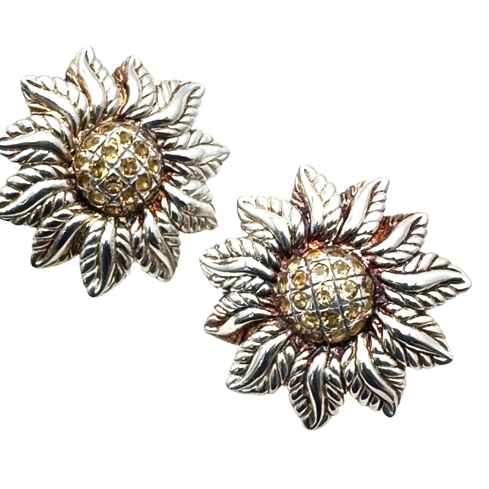 Judith Ripka Yellow Citrine Sterling Silver Sunflower Design Earrings Pierced Lever Back: Judith Ripka Yellow Citrine Sterling Silver Sunflower Design Earrings Pierced Lever Back