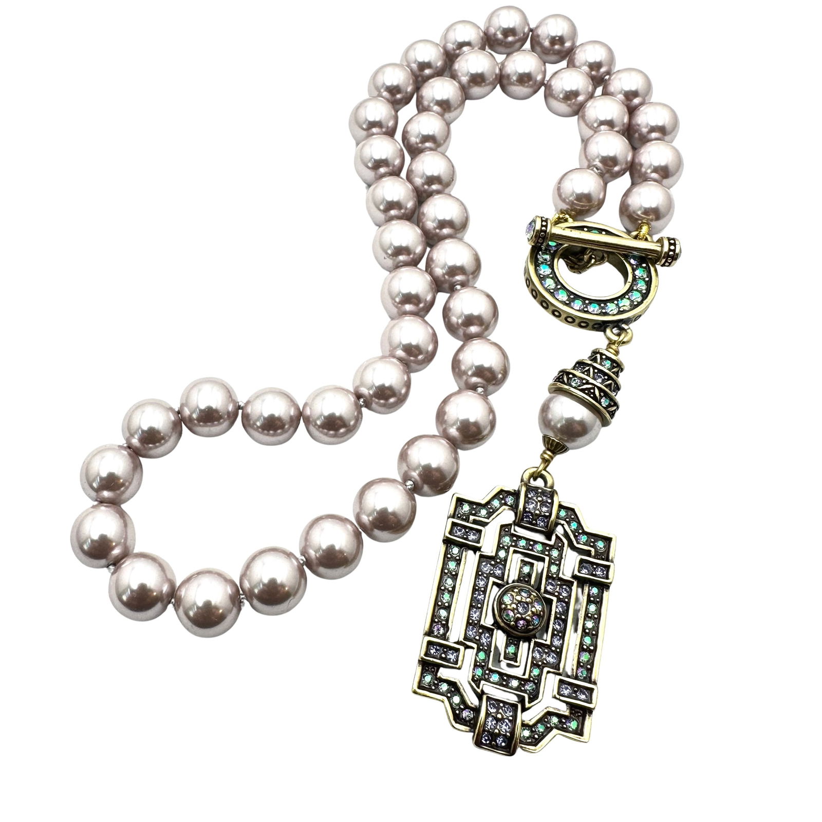 Heidi Daus Light Pink Glass Pearl Multicolor Crystal Toggle Pendant Necklace Antiqued Gold Tone (1 of 2)