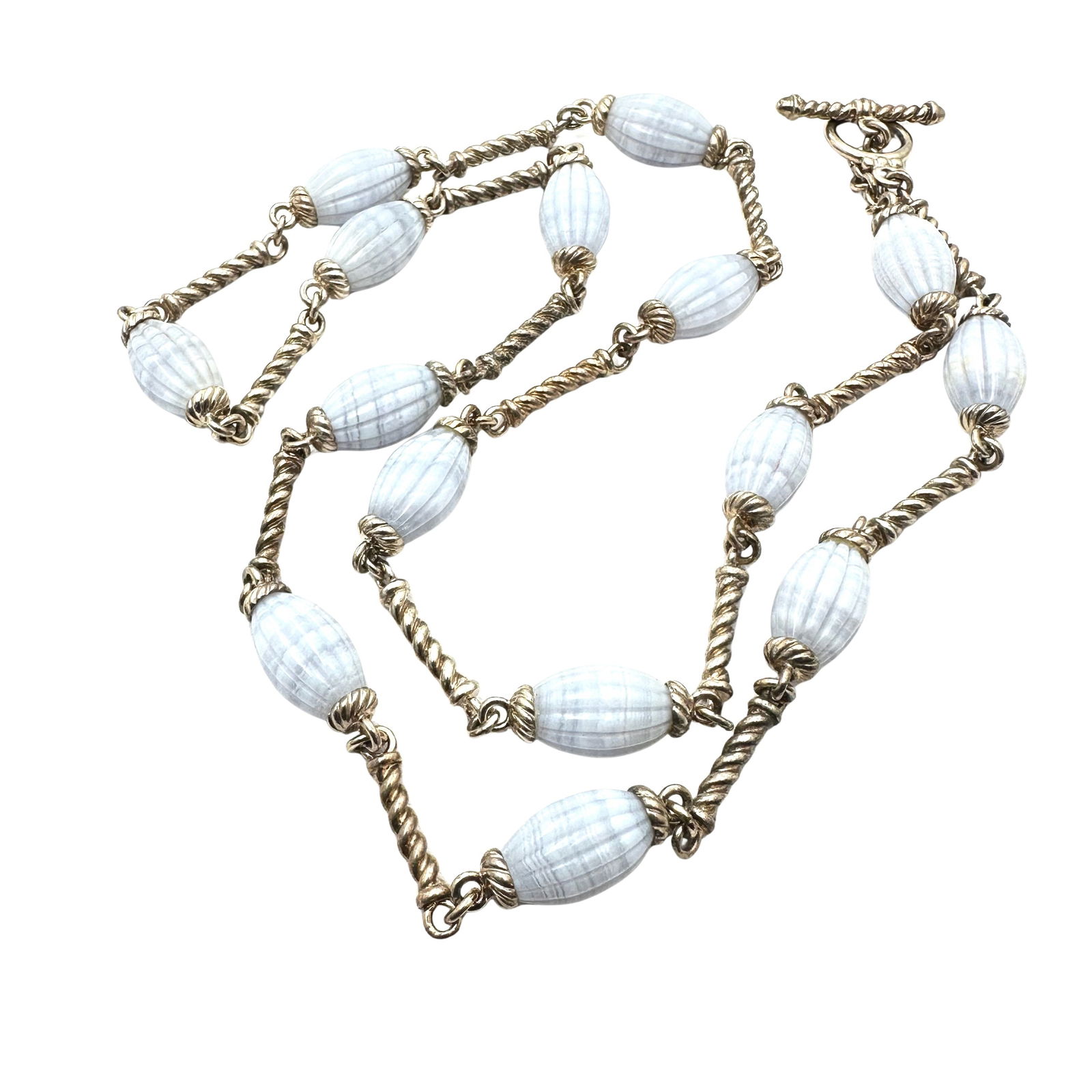 Whitney Kelley Carved Blue Lace Agate Bead Sterling Silver Long 30 Inch Necklace 68 Grams (1 of 2)