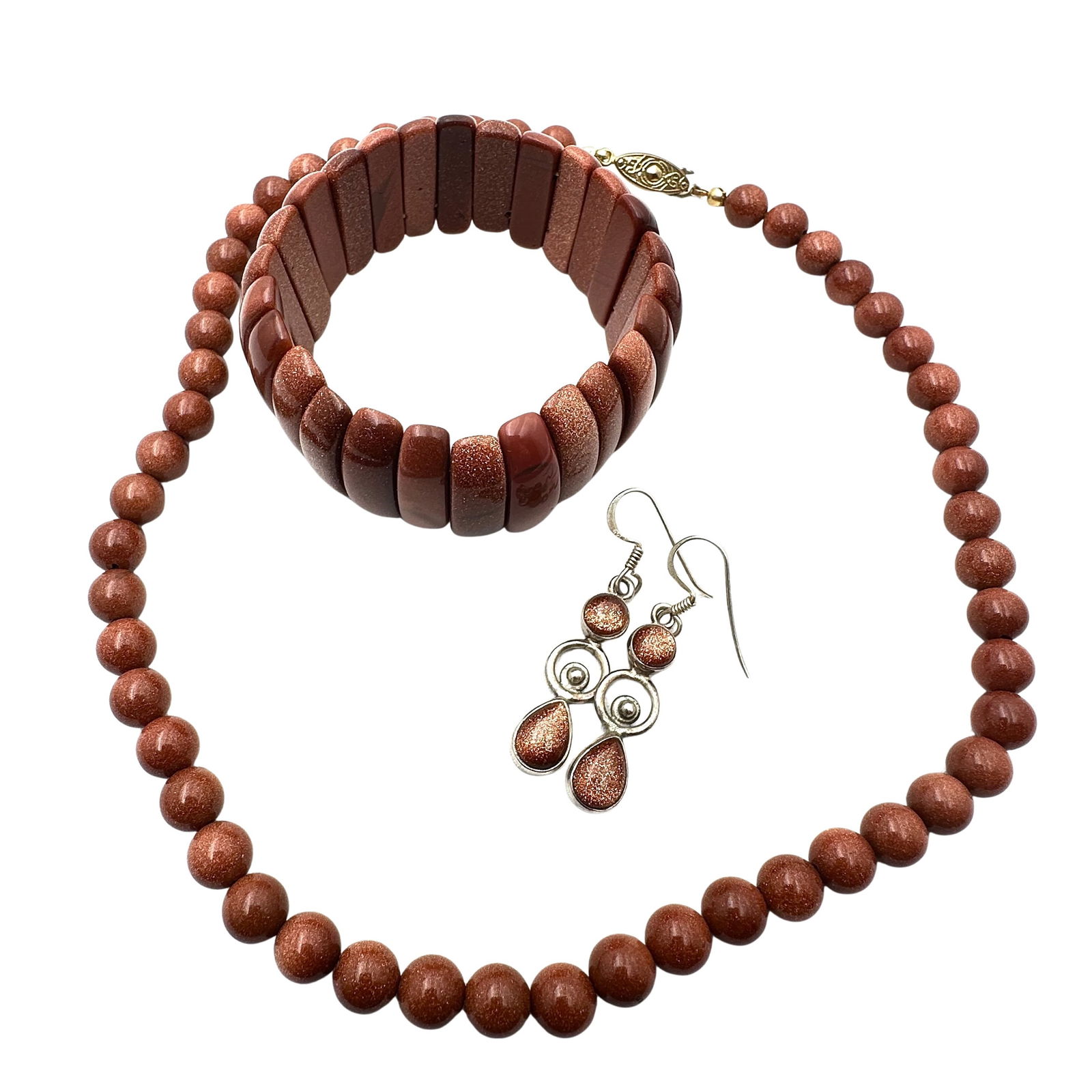 Vintage Goldstone Gemstone Bead Necklace Stretch Bangle Bracelet Sterling Silver Pierced Earrings (1 of 2)