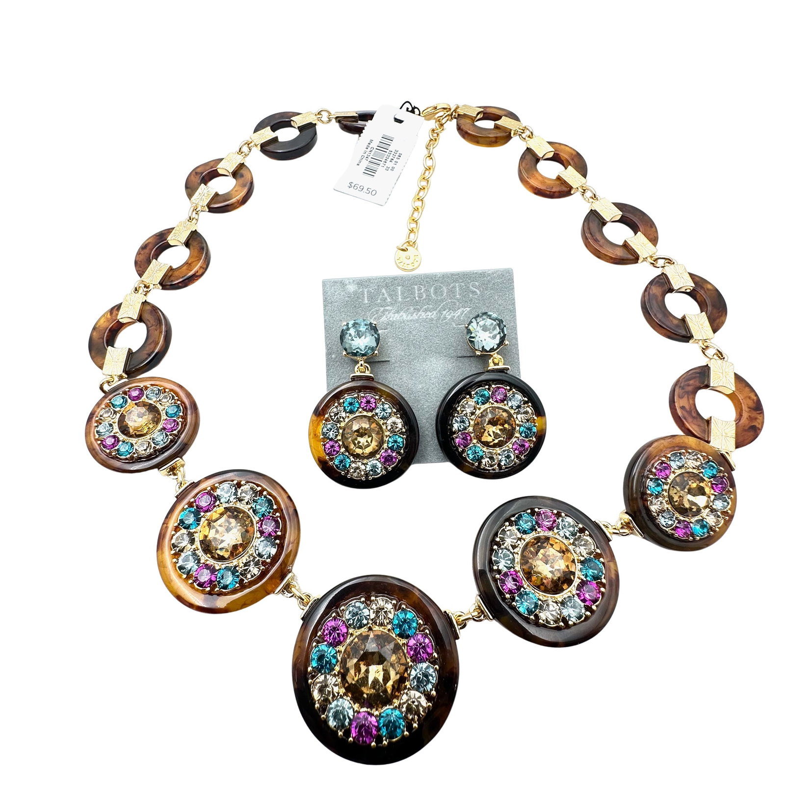 Talbots Tortoise Multi Color Rhinestone Gold Tone Necklace Pierced Earrings Set Original Tags Classy: Talbots Tortoise Multi Color Rhinestone Gold Tone Necklace Pierced Earrings Set Original Tags Classy