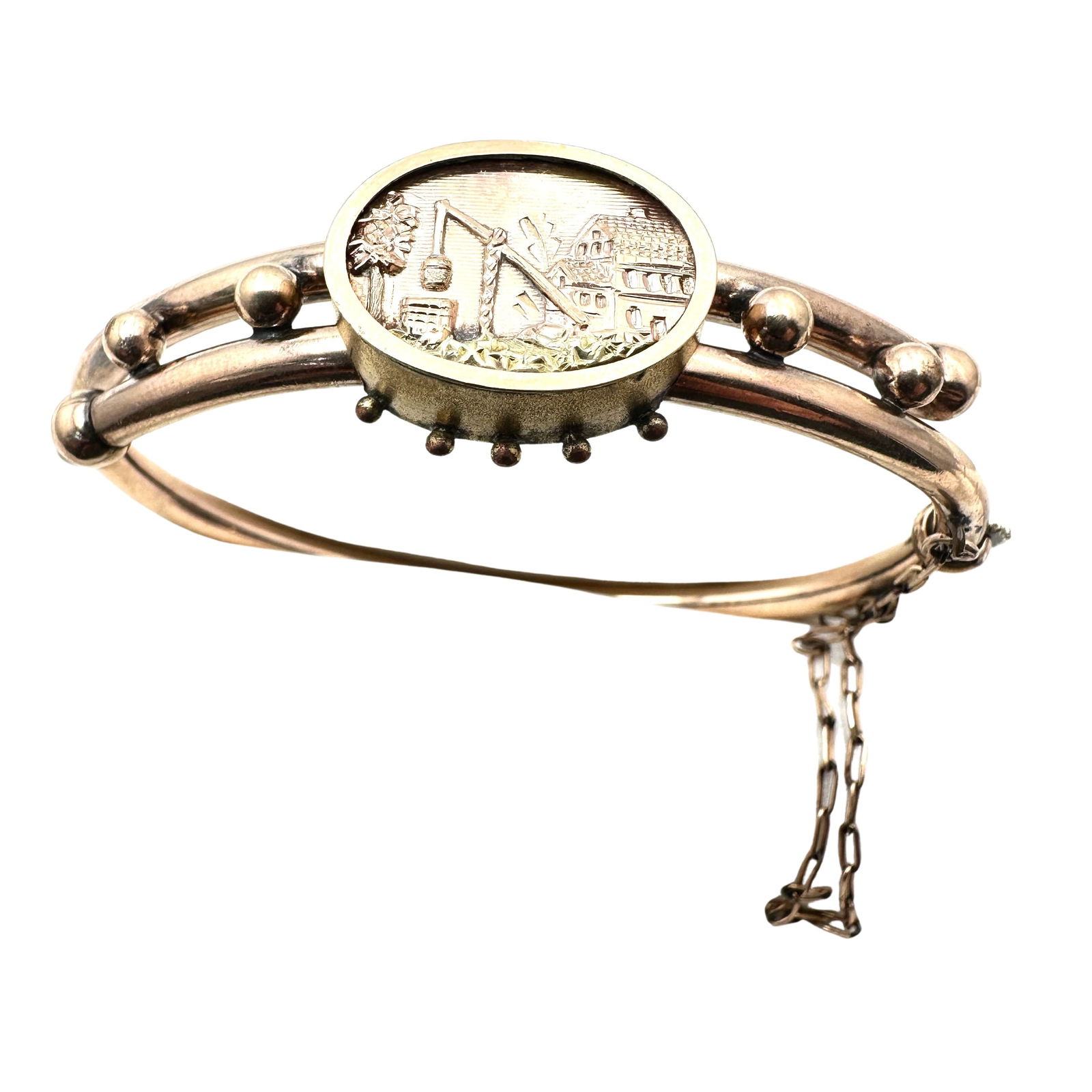 Victorian Antique Gold Filled Hinged Bangle Bracelet Home Farm Scene 6 Inch 12 Grams Great Condition (1 of 2)