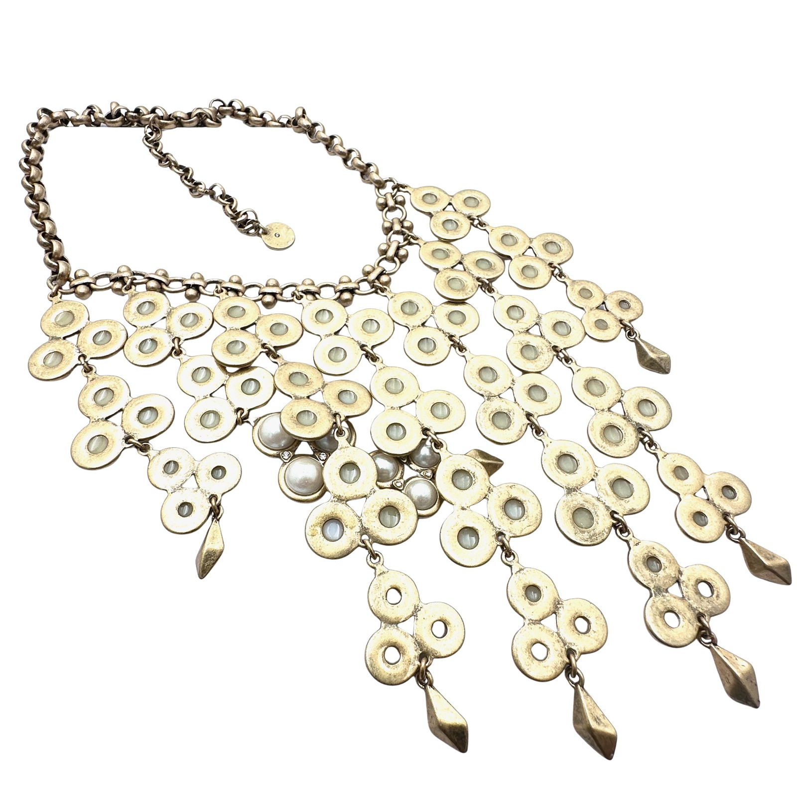 Matte Gold Tone Faux Pearl Crystal Festoon Bid Statement Necklace 18 Inch Wearable Length: Matte Gold Tone Faux Pearl Crystal Festoon Bid Statement Necklace 18 Inch Wearable Length