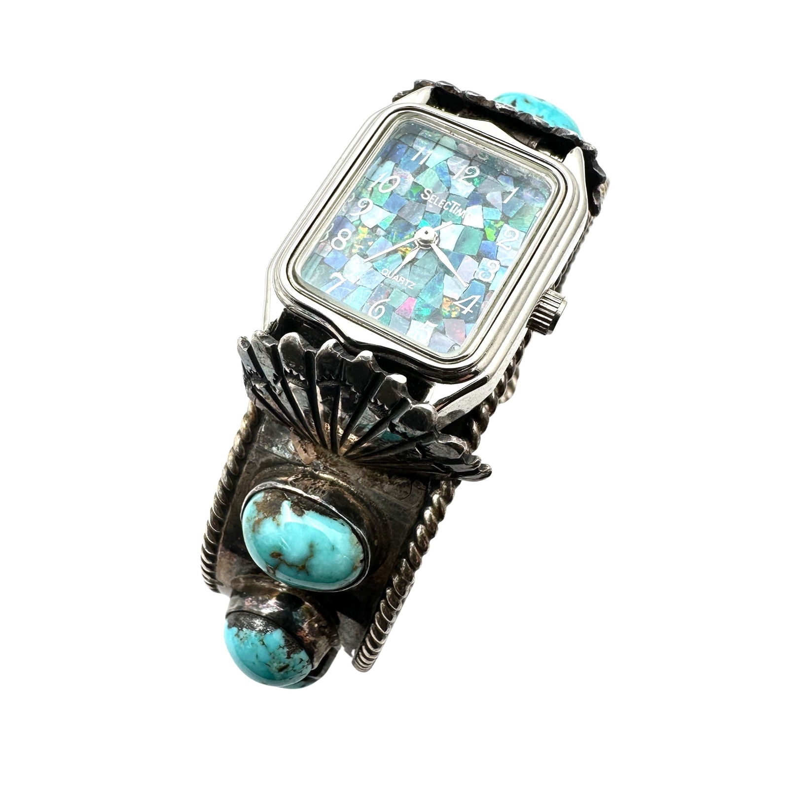 Native American JL Turquoise Sterling Silver Watch Cuff Bracelet Opal Inlay Watch Face 57 Grams 6.5 (1 of 5)
