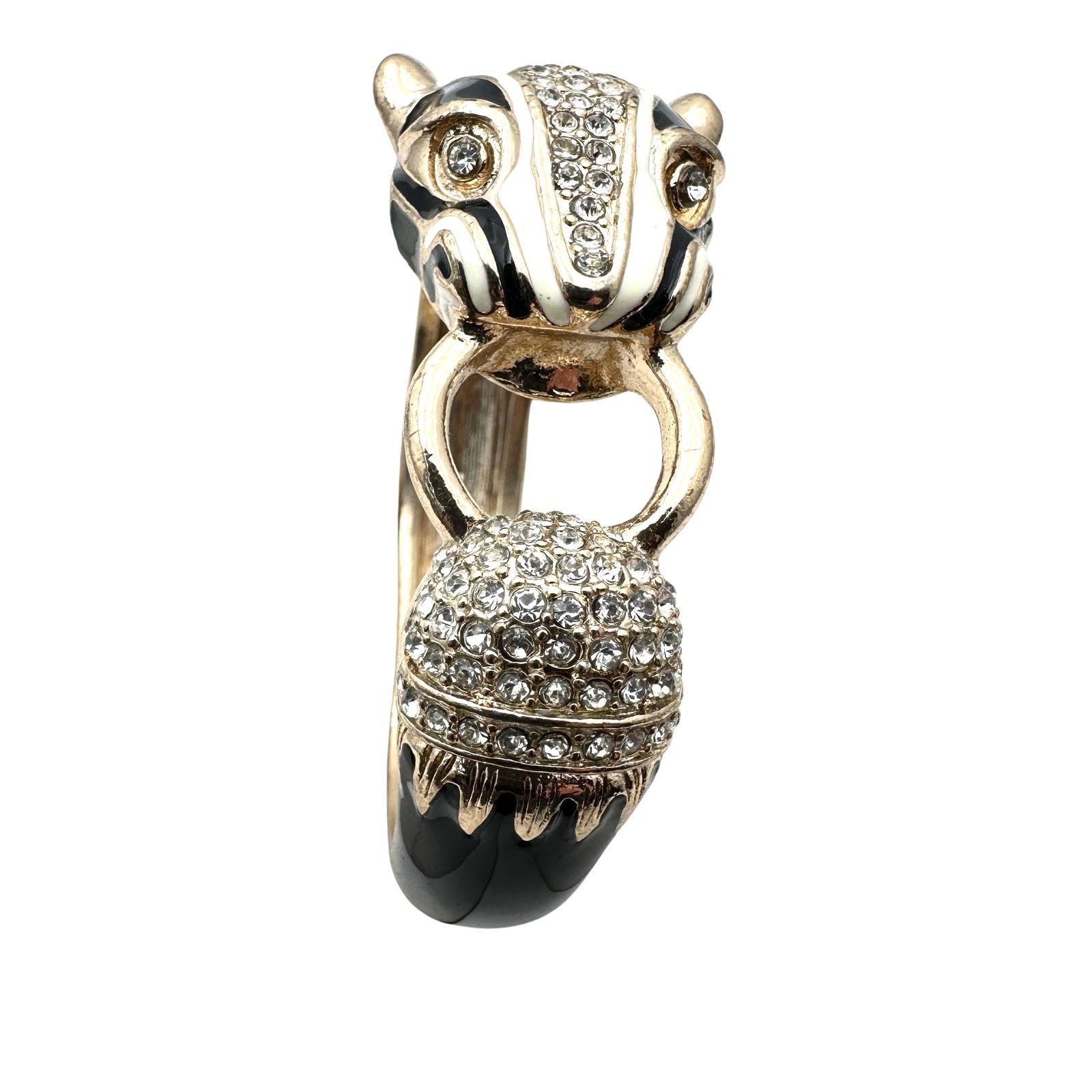 Black White Enamel Tiger Cat Leopard Jaguar Clear Crystal Gold Tone Bracelet 6.5 Inch Sharp! (1 of 2)