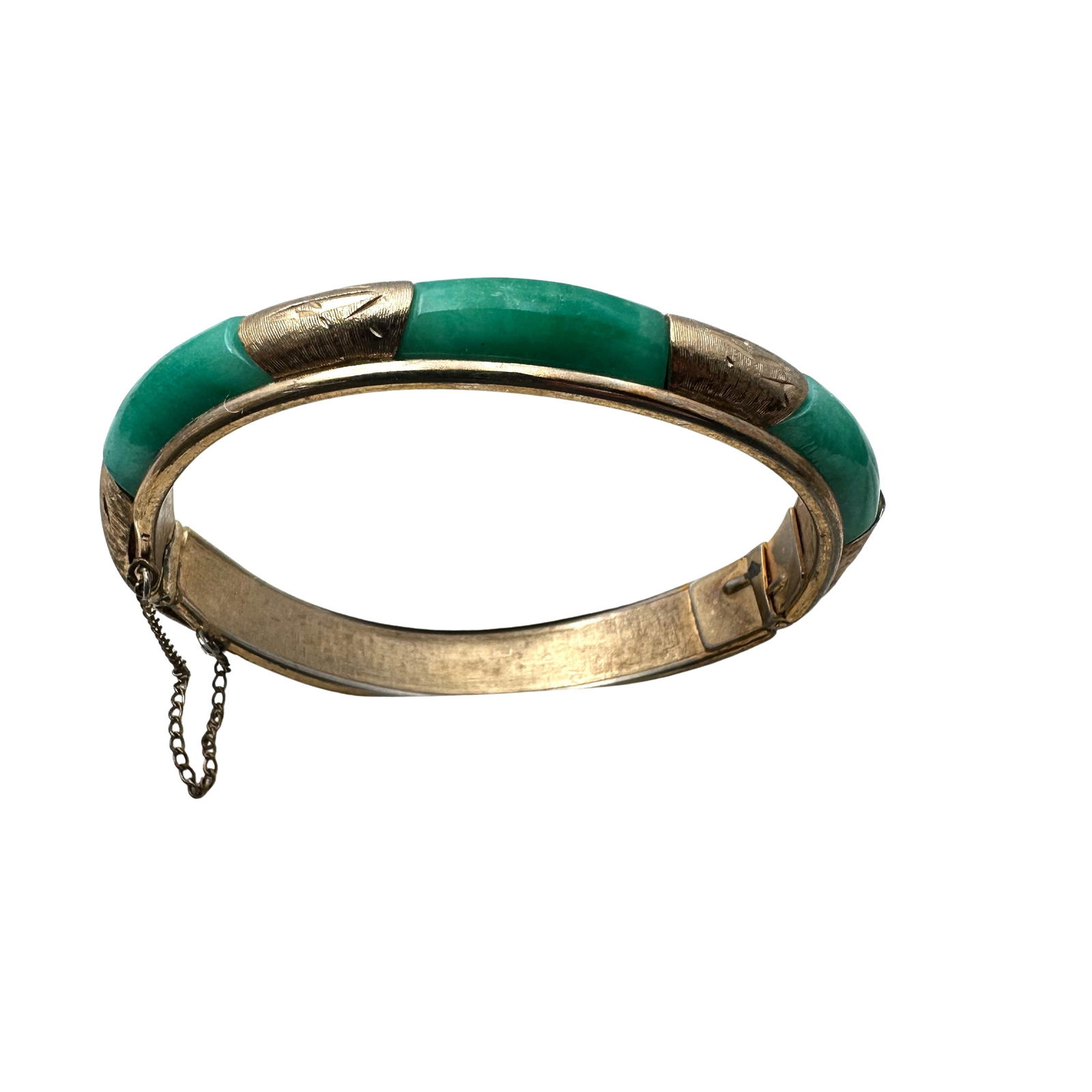 Vintage Green Peking Glass Gold Gilt Hinged Bangle Bracelet 6 3/4 Inch (1 of 2)