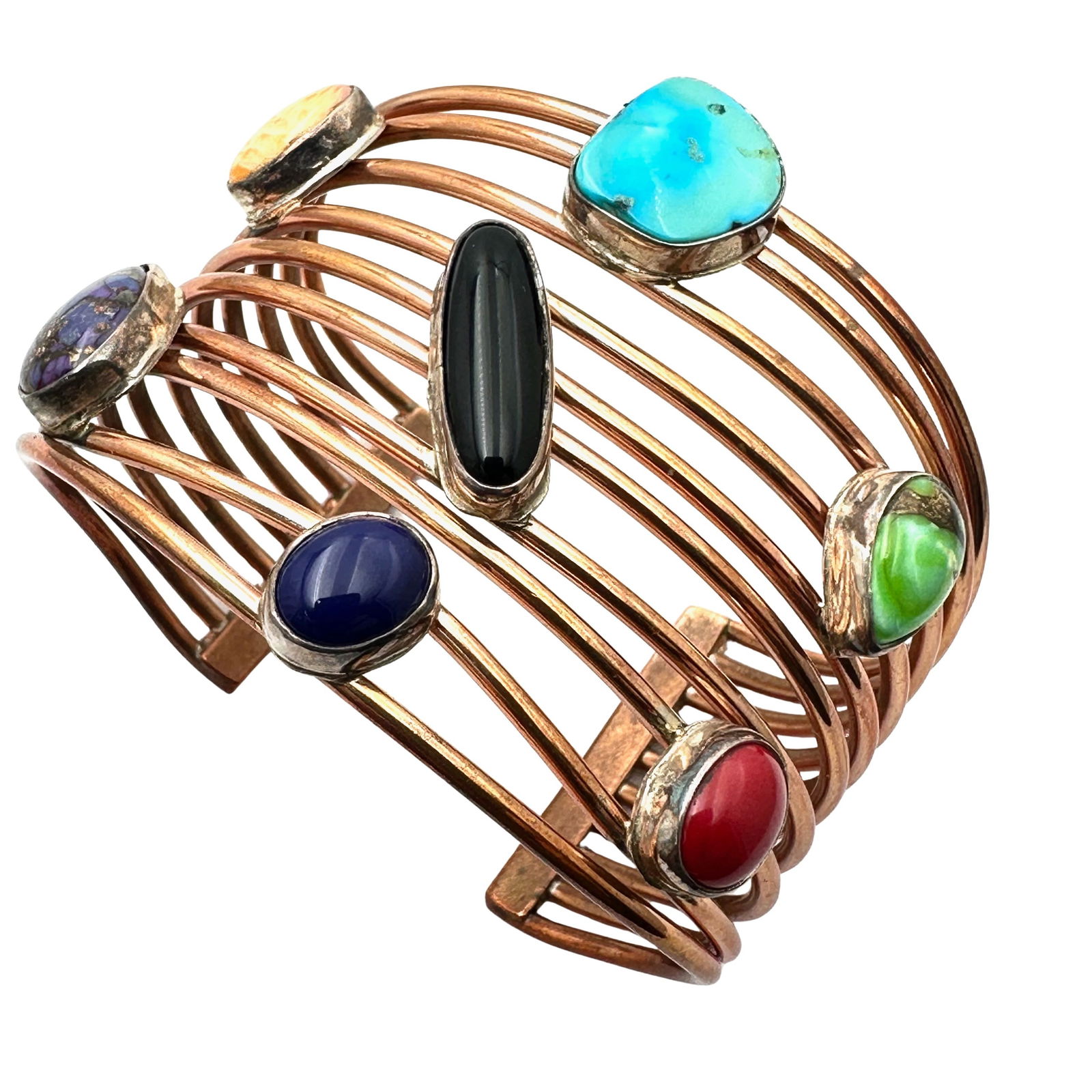 Vintage Amazing Multi Gemstone Copper Sterling Silver Wide Cuff Bracelet 6.5 Inch (1 of 4)