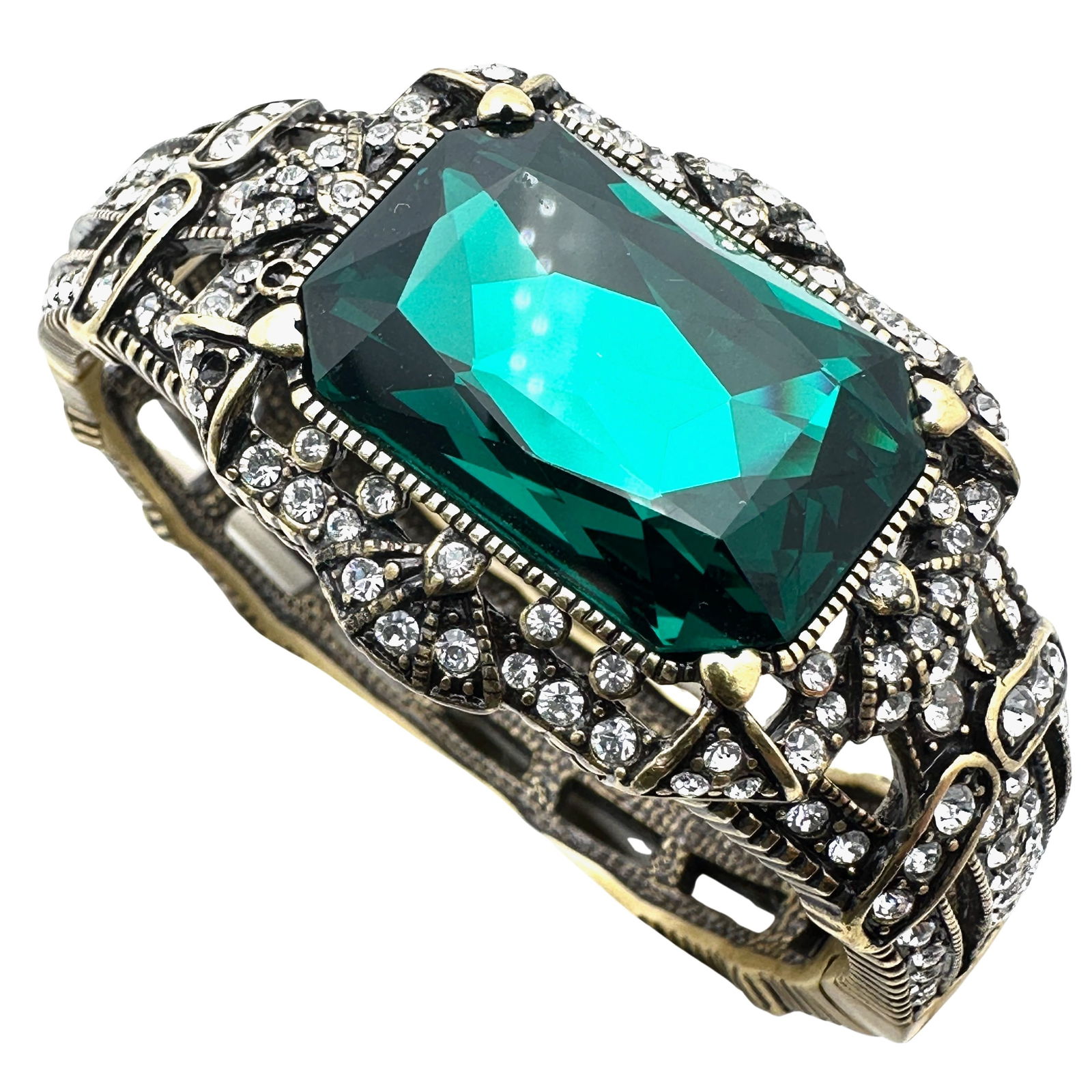 Heidi Daus Art Deco Style Emerald Green Crystal Antiqued Gold Tone Bracelet 6.5 Inch (1 of 2)