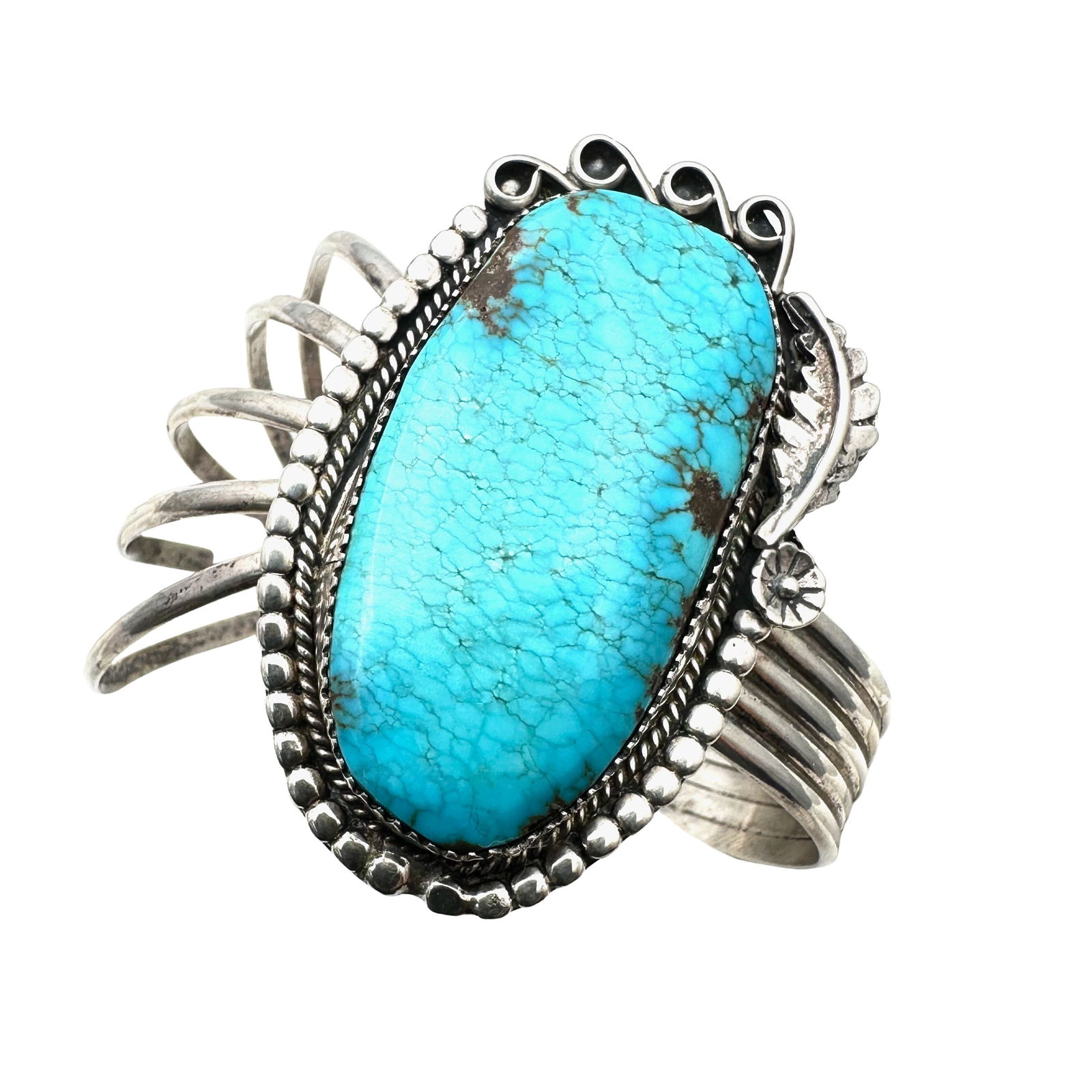 Native American Turquoise Sterling Silver Cuff Bracelet Etched Initial Hallmark 7 Inch 41 Grams (1 of 2)