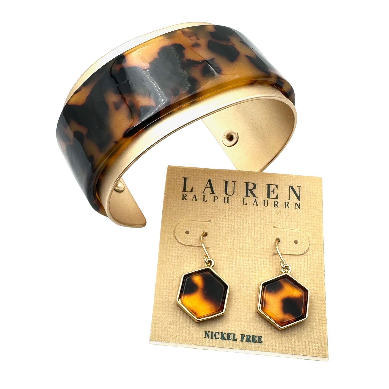 Lauren Ralph Lauren Tortoise Gold Tone Cuff Bracelet Pierced Earrings (1 of 2)