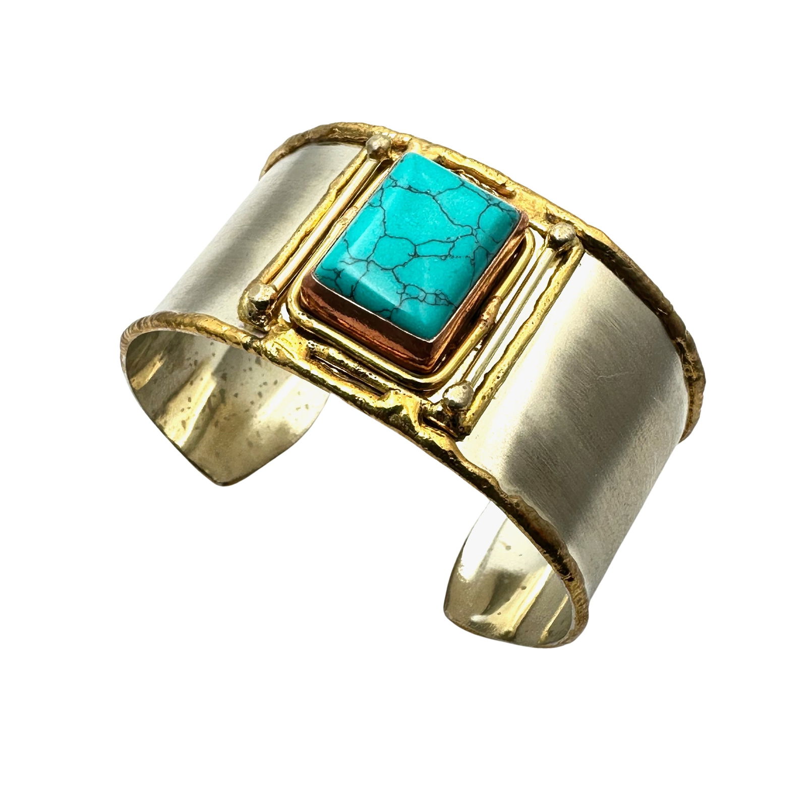 Artisan Mixed Metal Brass Silver Copper Blue Stone Cuff Bracelet (1 of 2)