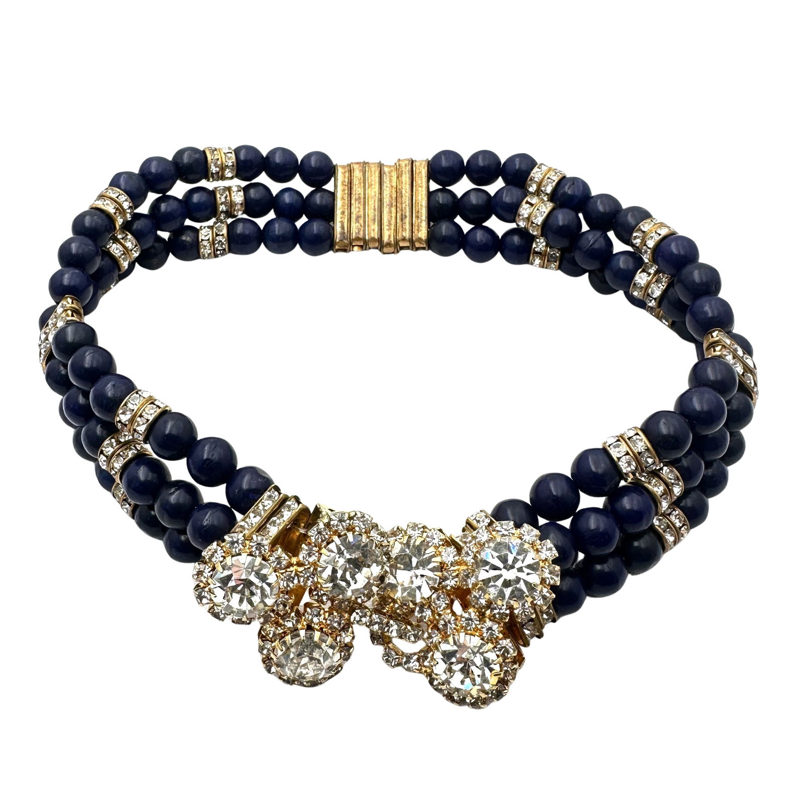 Vintage Clear Crystal Rhinestone Blue Glass Bead Choker Necklace Fancy Clasp 15 Inch Petite Size: Vintage Clear Crystal Rhinestone Blue Glass Bead Choker Necklace Fancy Clasp 15 Inch Petite Size