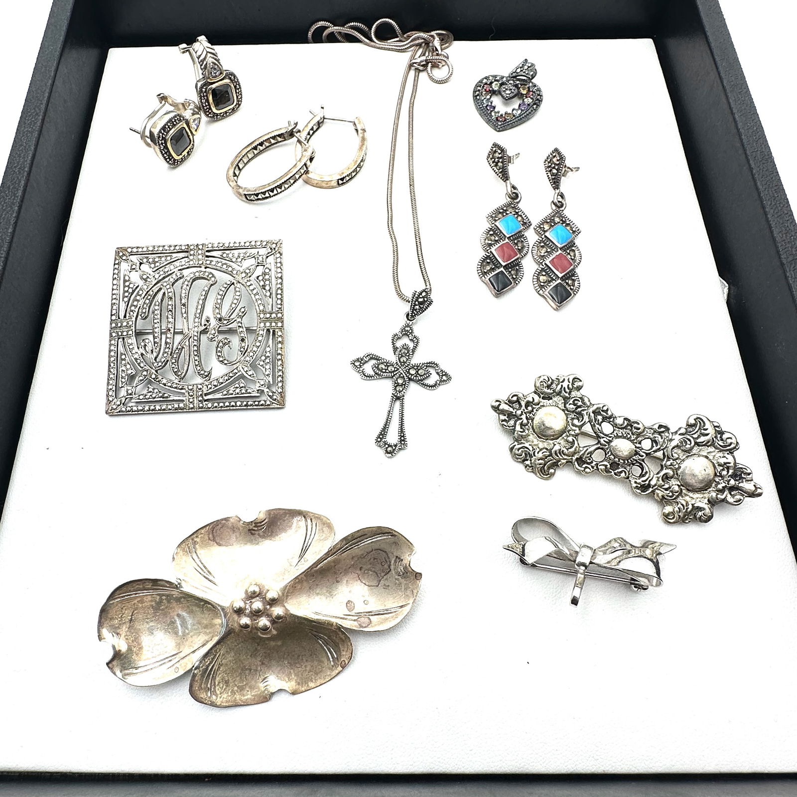 Vintage Sterling Silver Jewelry Group Marcasite's Brooches Pins Cross Necklace Earrings Watch Pin 67 (1 of 2)