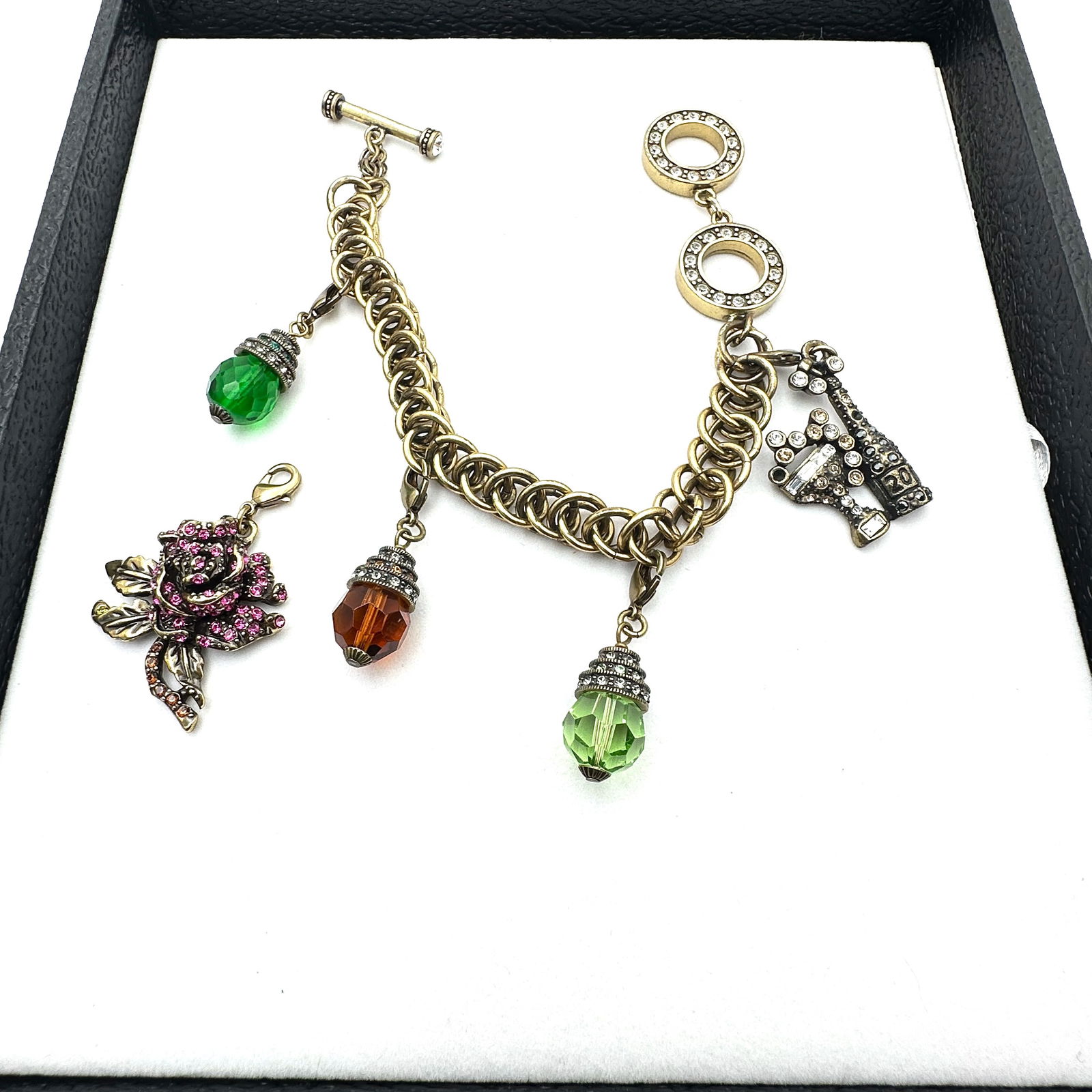 Heidi Daus Antiqued Gold Tone Crystal Charm Bracelet 8.5 Inch (1 of 2)