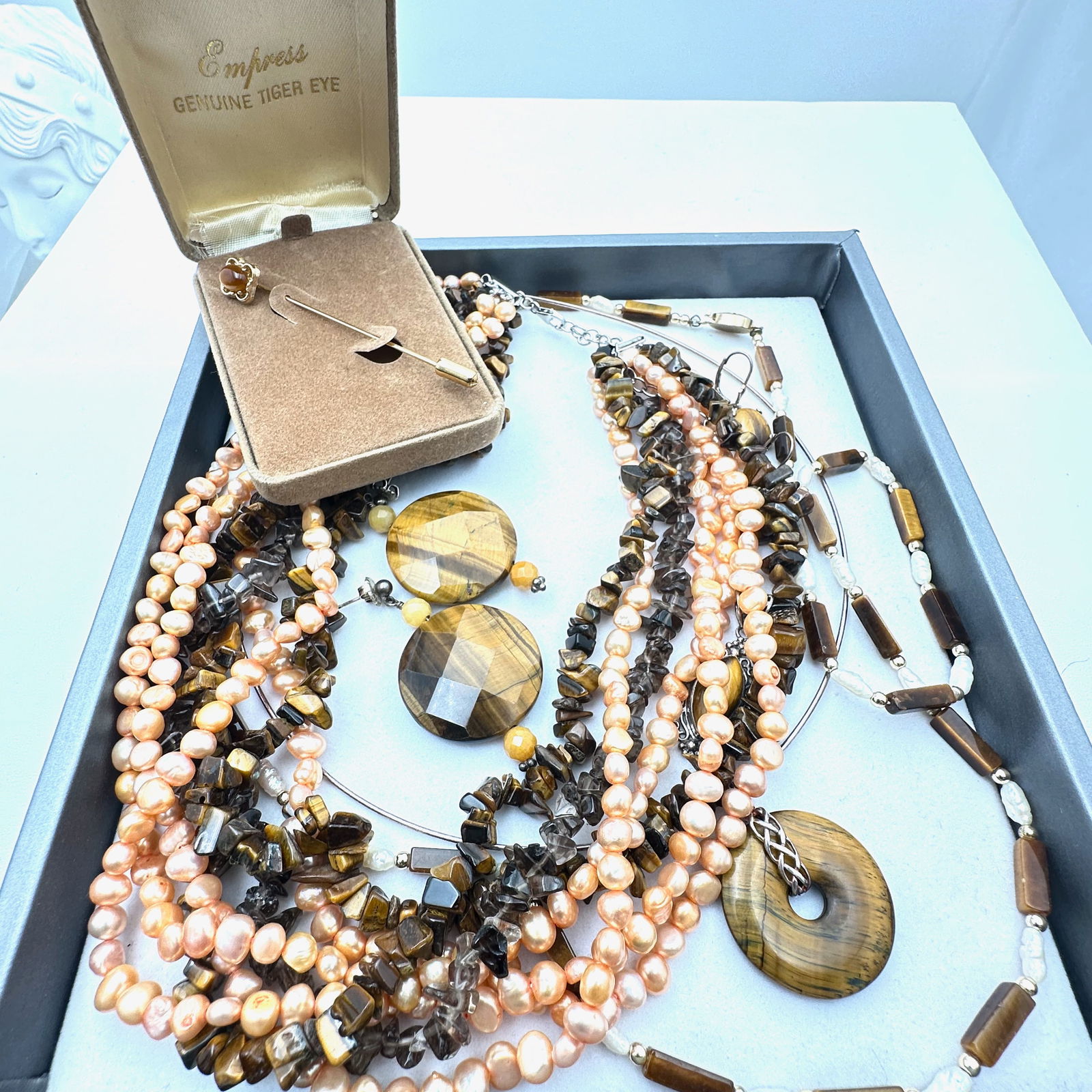 Jewelry Group Tiger Eye Pearl Multi Strand Necklace Sterling Gold Filled Earrings Brooch (1 of 2)