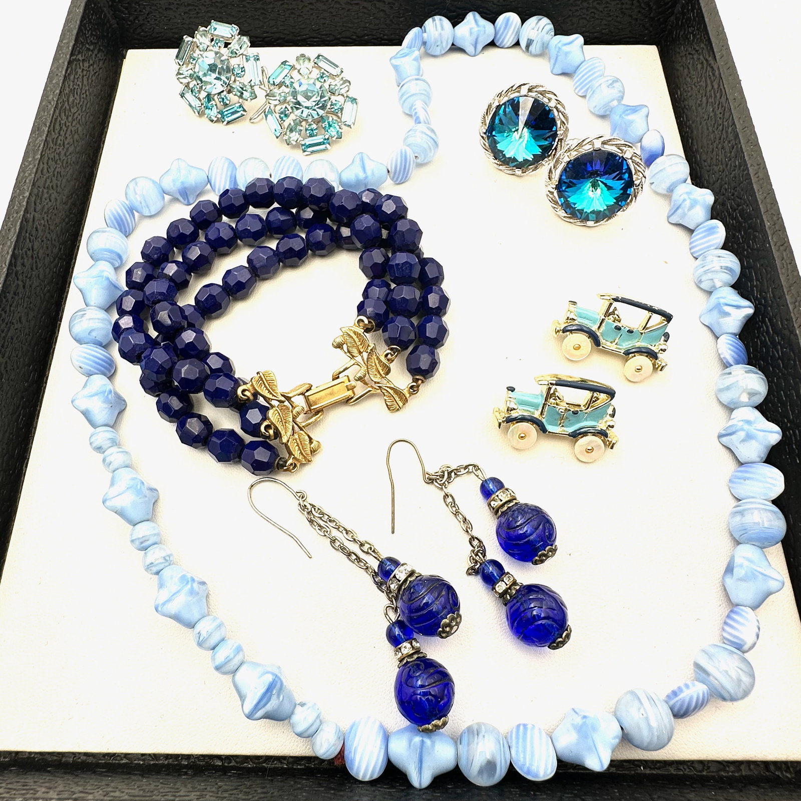 Jewelry Group Vintage Czech Glass Necklace Blue Glass Earrings Bracelet Rivoli Cuff Links Car: Jewelry Group Vintage Czech Glass Necklace Blue Glass Earrings Bracelet Rivoli Cuff Links Car Scatter Pins