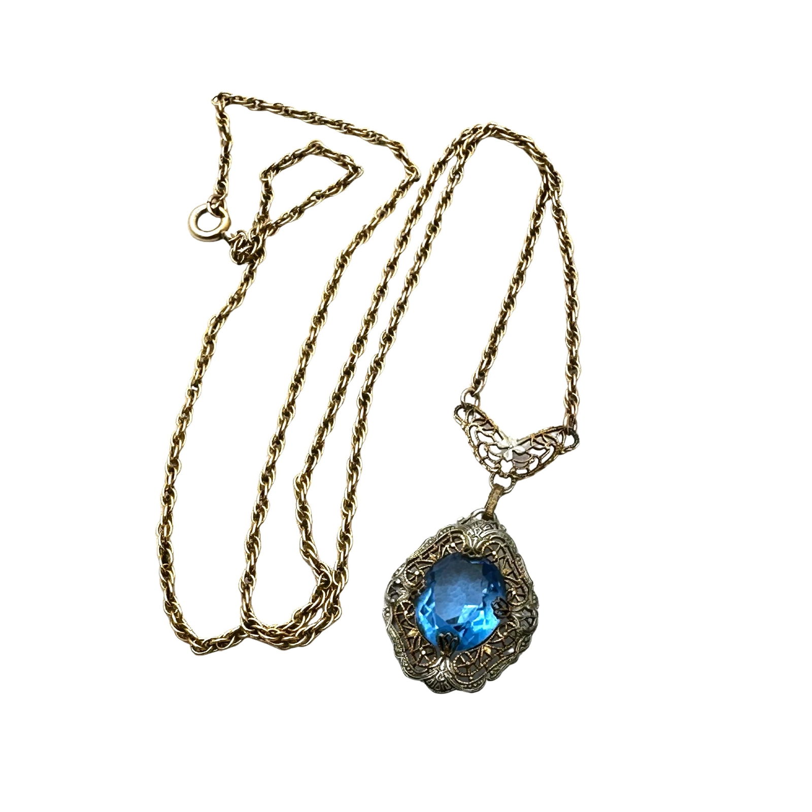 Art Deco Blue Glass Silver Gold Filigree Pendant Necklace 20 Inch Length (1 of 2)
