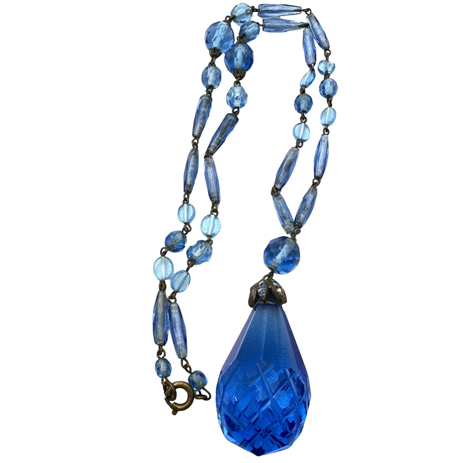 Antique Blue Czech Glass Pendant Drop Necklace 18 Inch: Antique Blue Czech Glass Pendant Drop Necklace 18 Inch