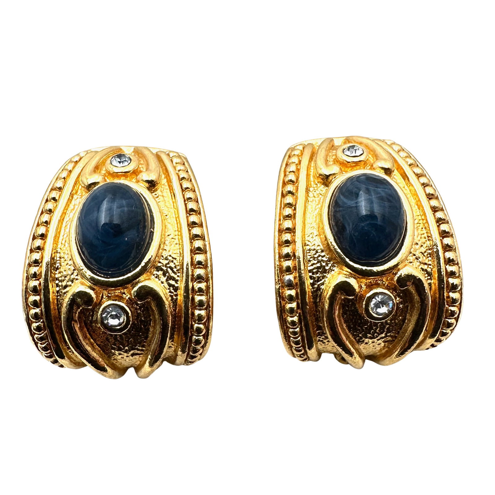 Vintage Faux Lapis Lazuli Clear Crystal Bold Gold tone Earrings Pierced: Vintage Faux Lapis Lazuli Clear Crystal Bold Gold tone Earrings Pierced