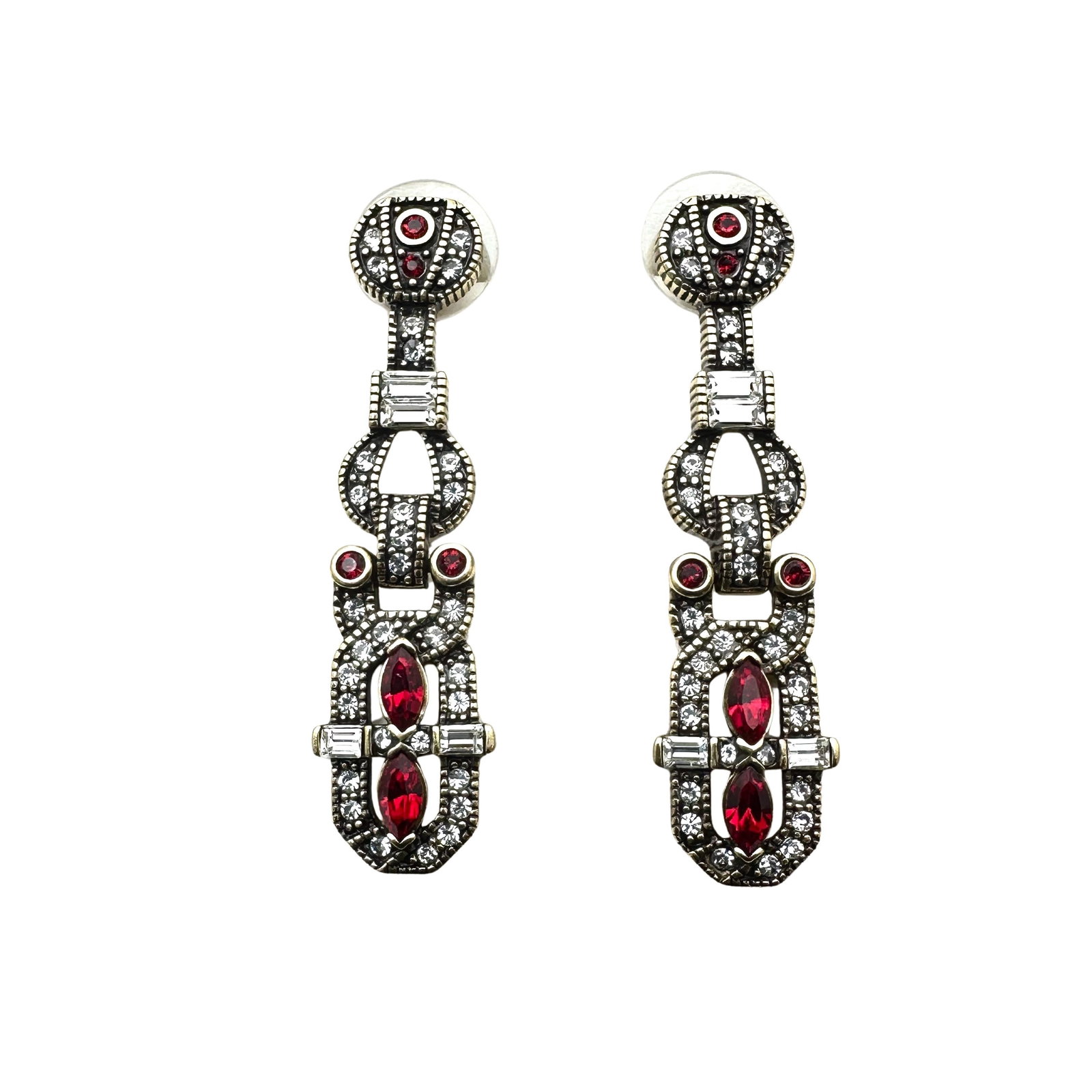 Heidi Daus Art Deco Revival Red Clear Crystal Antiqued Gold Tone Pierced Earrings 2 Inch Length: Heidi Daus Art Deco Revival Red Clear Crystal Antiqued Gold Tone Pierced Earrings 2 Inch Length