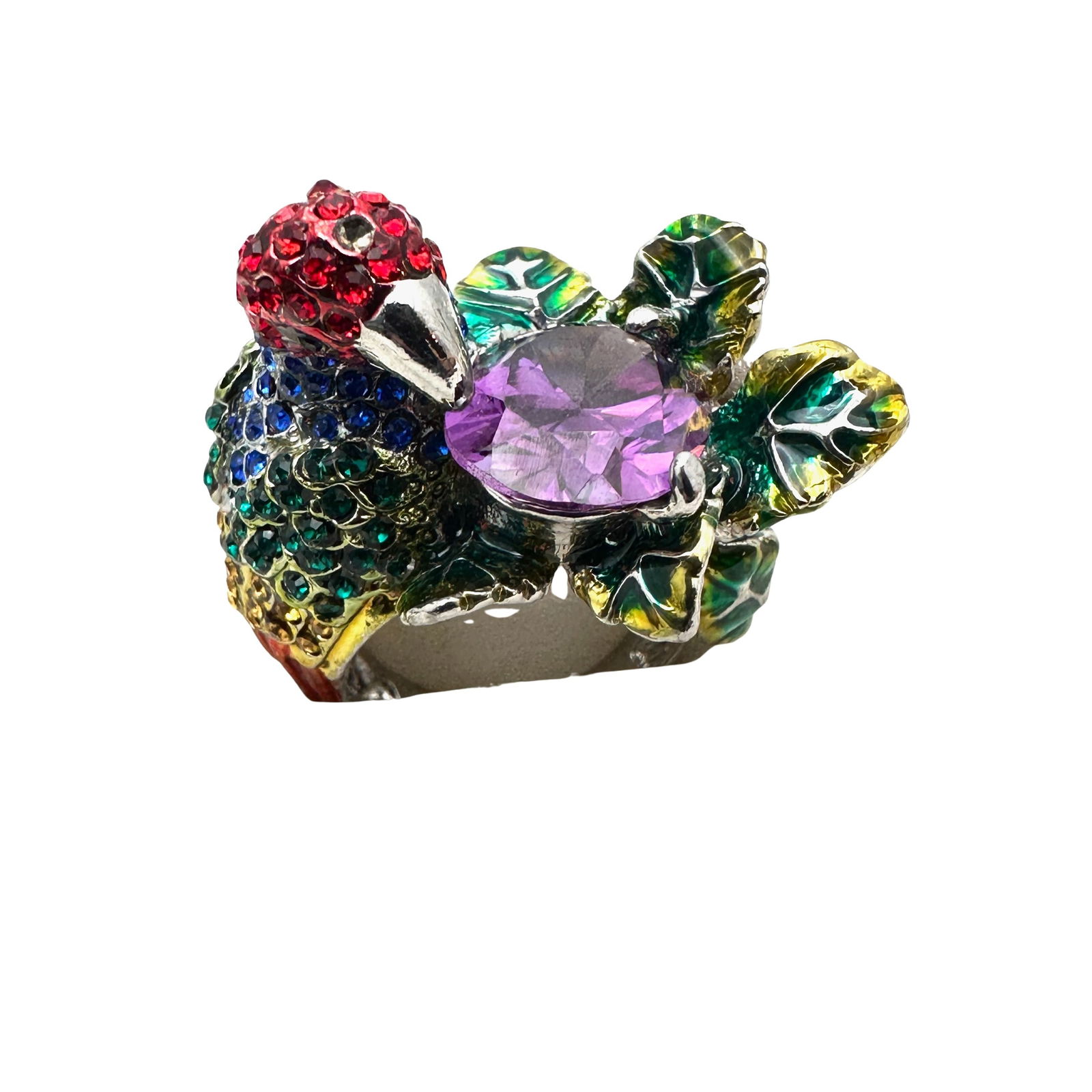 Fun Figural Bird Crystal Enamel Silver Tone Ring Size 9 Multicolor (1 of 3)